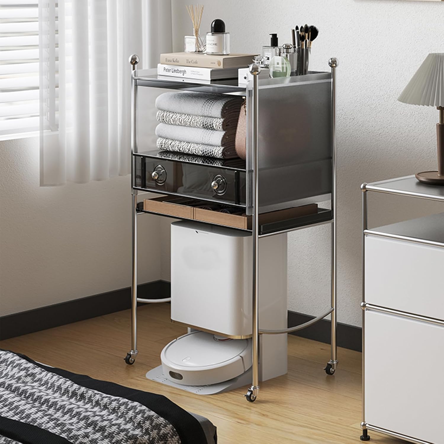 JSWHYBD Acrylic Robot Vacuum Cabinet with Wheels, Minimalist Storage Cabinet for Vacuum Cleaner, Multipurpose Side Table for Living Room, Dining Room & Kitchen, 20