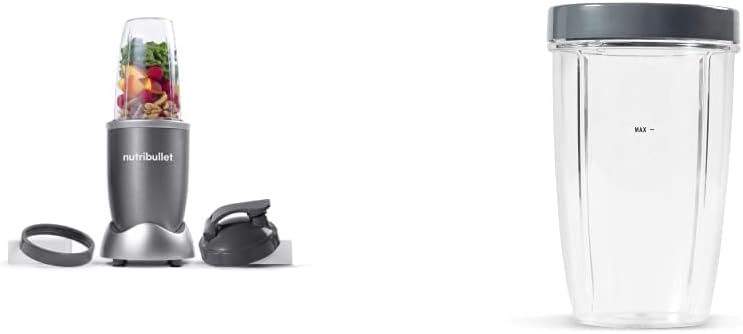 nutribullet Personal Blender for Shakes, Smoothies, Food Prep, and Frozen Blending, 24 Ounces, 600 Watt, Gray, (NBR-0601) and NutriBullet 24 Ounce Tall Cup with Standard Lip Ring, Clear/Gray