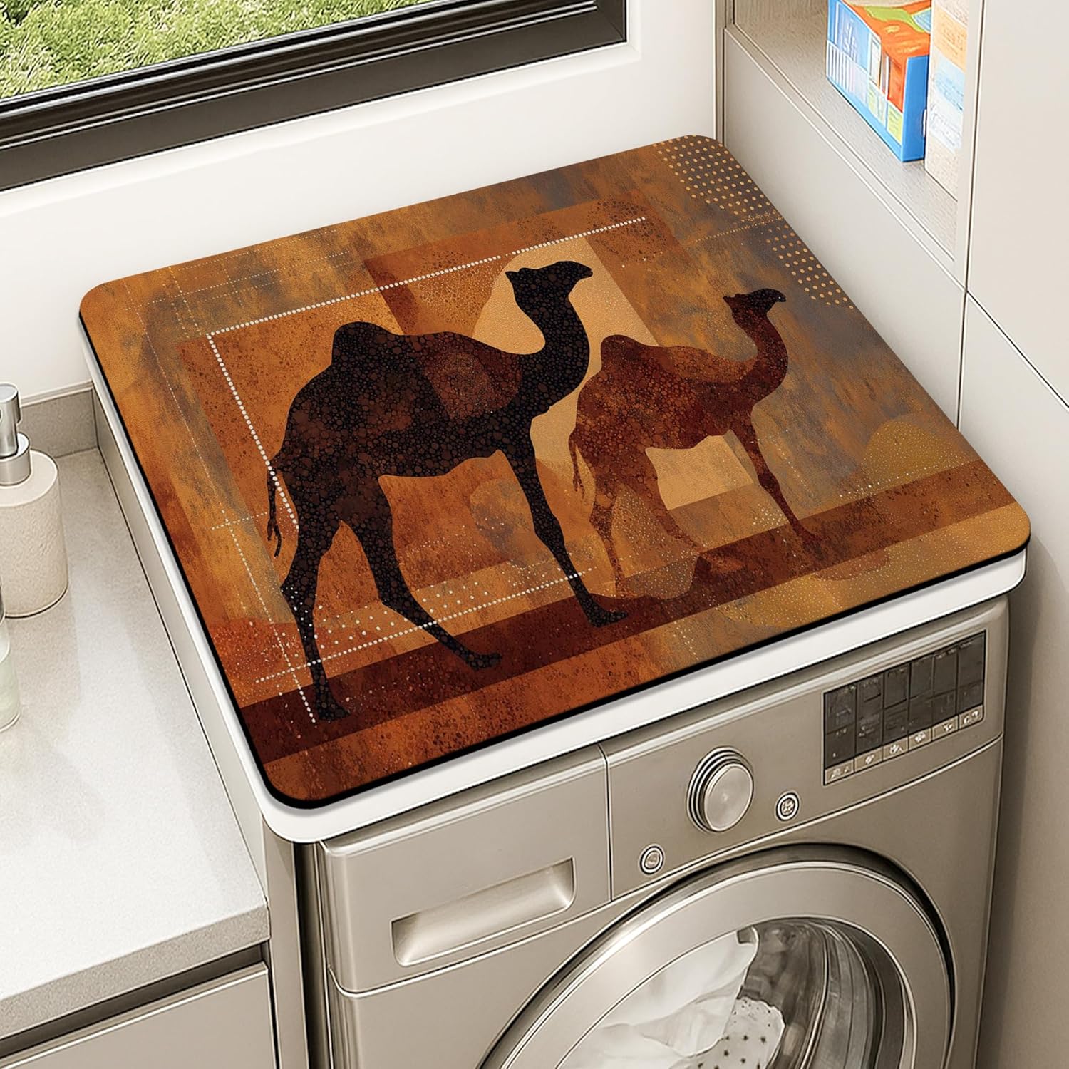 Desert Camel Washer Dryer Top Protector Mat, Vintage Rustic Pattern Laundry Machine Dust Covers, Bohemian Rubber Anti-slip Waterproof Washer And Dryer Mats for Laundry Room 24x24 Inch