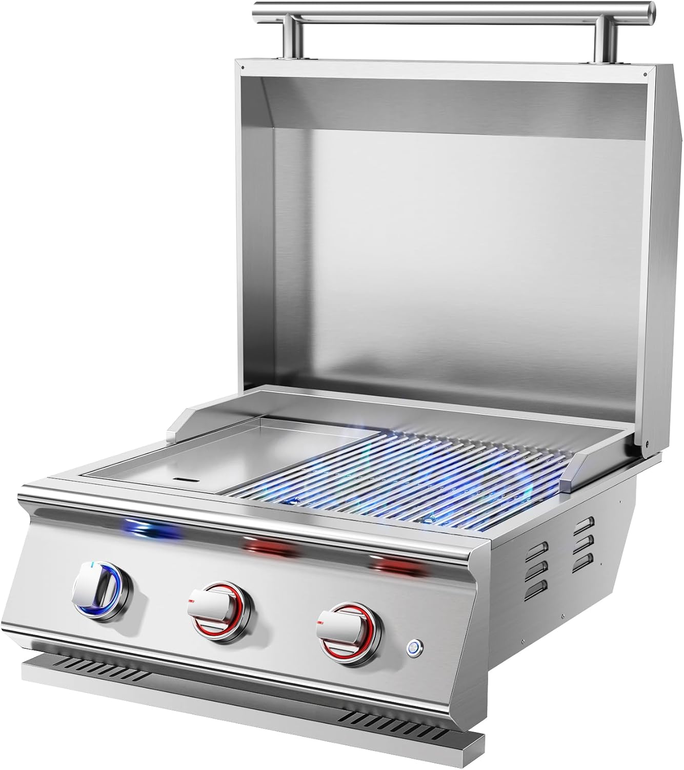 26 Inch BBQ Head Griddle Grill Combo for Outdoor Kitchen, Natural Gas Bulit-in Grills for Barbecue Island, 3-Burner, 3 * 14,000 BTU, Premium 304 Stainless Steel, Convertible to Liquid Propane