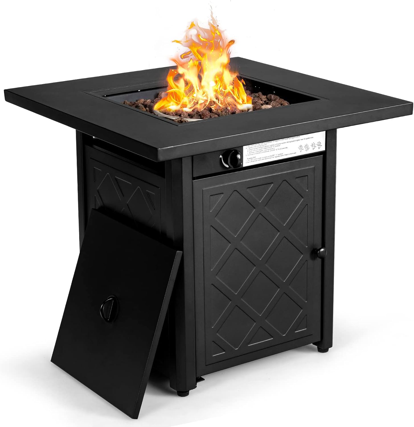 28-Inch Fire Table Outdoor, 50,000 BTU Gas Fire Pit Table with Metal Tabletop, Lid, Lava Rock, Electric Igniter & Hideaway Tank Holder, Propane Fire Table for Outside, Garden, Party(Black)