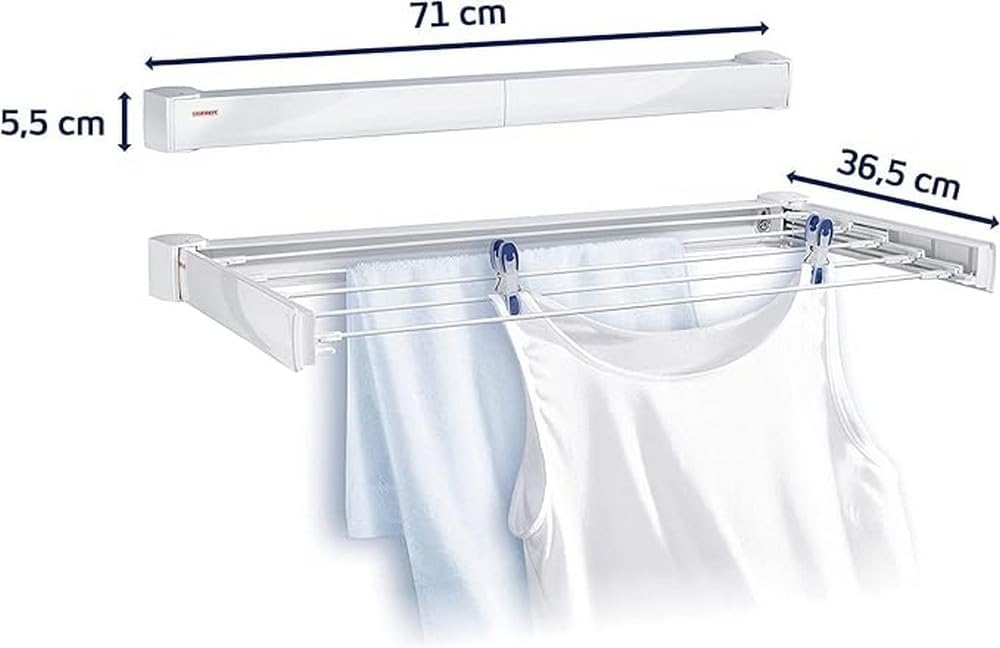 Leifheit Telegant 30 Protect Wall Dryer – Foldable Indoor/Outdoor Clothes Drying Rack with 5 x 60 cm Bars, 3m Drying Space, Compact & Sturdy Laundry Airer, White, Easy Wall-Mount Design