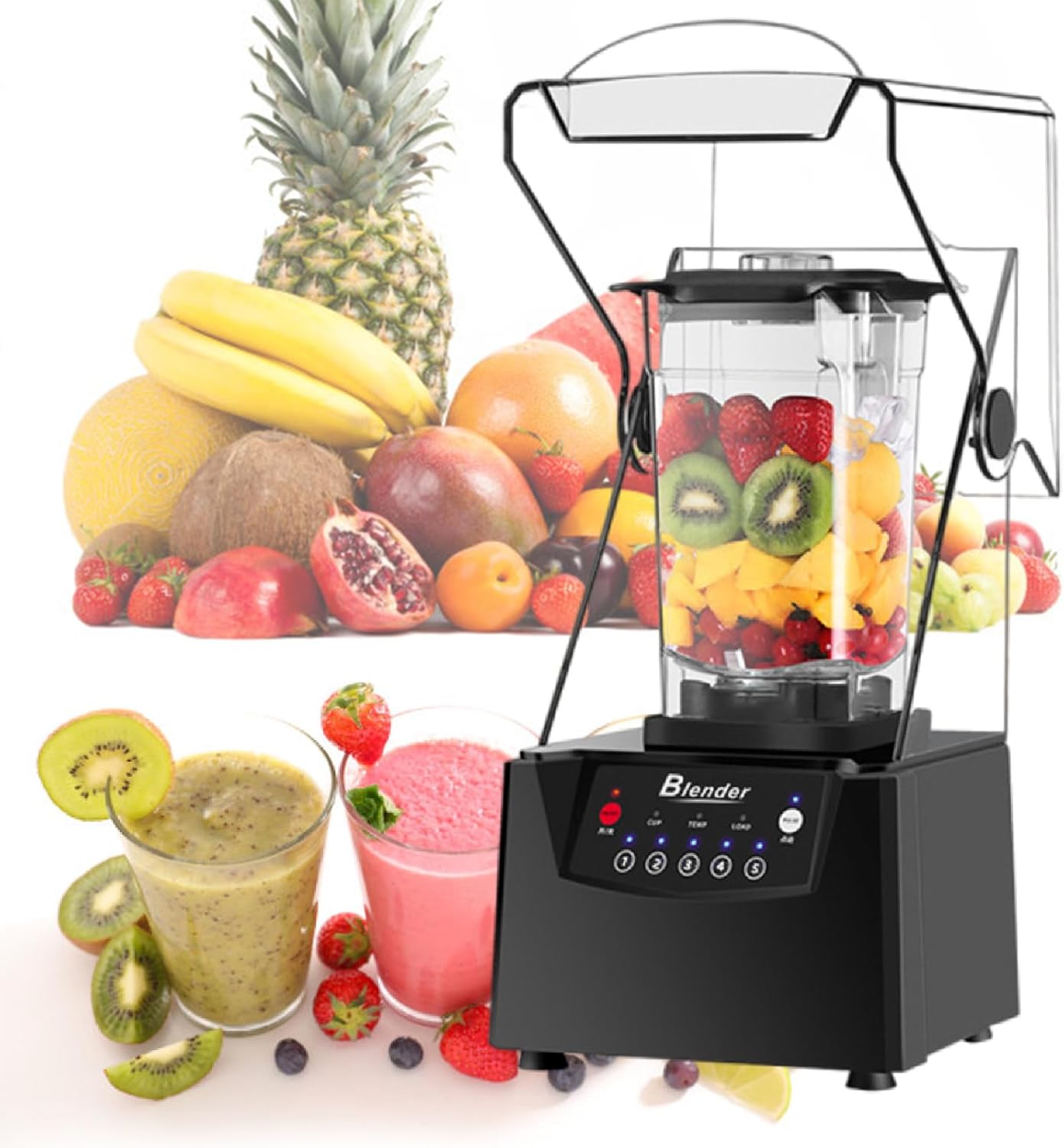 Professional Smoothie Blender, 2200W Commercial Soundproof Quiet blender with Soundproof Shield for Crushing Ice, MilkShakes, Puree, Self-Cleaning,110V