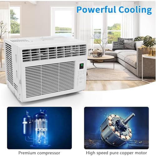 Bonnlo 6000BTU Window Air Conditioner with Remote and 24H Timer, Window AC Unit with ECO Mode and 4 Fan Speed, Cools up to 250 Sq. Ft., Easy Installation for Home Bedroom Apartment Office 115V