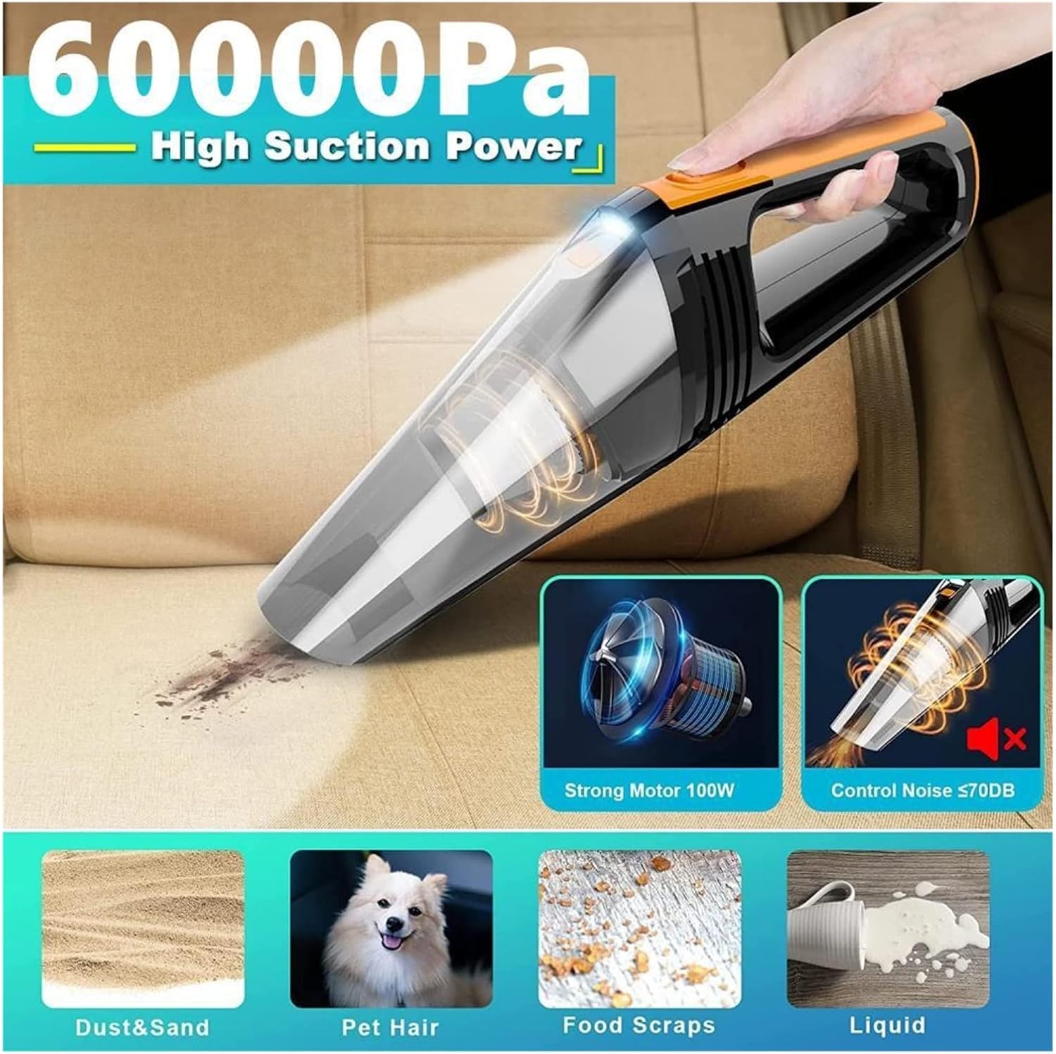 60000Pa Wireless Car Vacuum Cleaner Handheld Mini Light Weight Rechargeable Hand Vacuuming Cordless Powerful for Car Home Office (Color : VC003 W Bag 2 Filter)