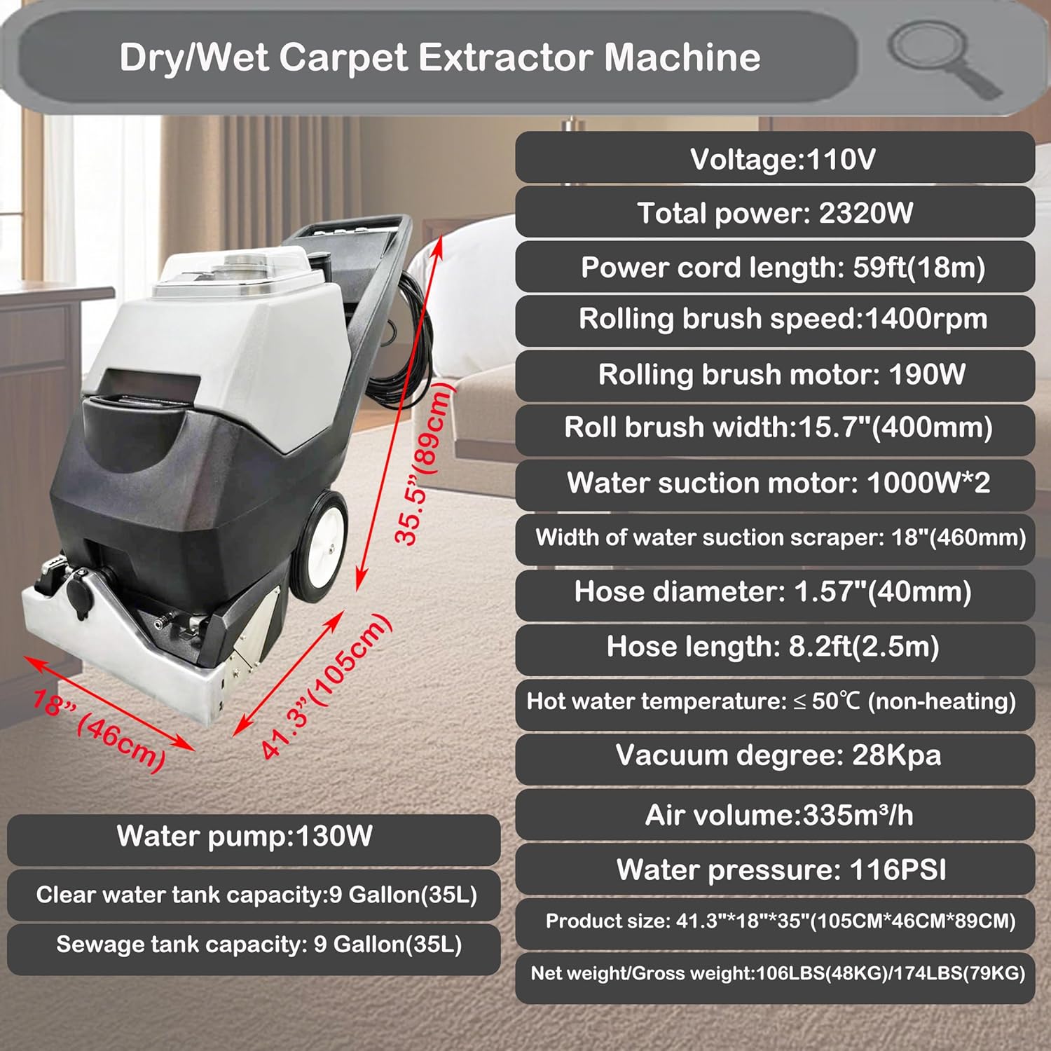 INTSUPERMAI Commercial Carpet Cleaning Machine Carpet Extractor Cleaner 3-in-1 Dry/Wet Cleaner Sofa Curtain Floor Cleaning Machine 70L Tank 110V