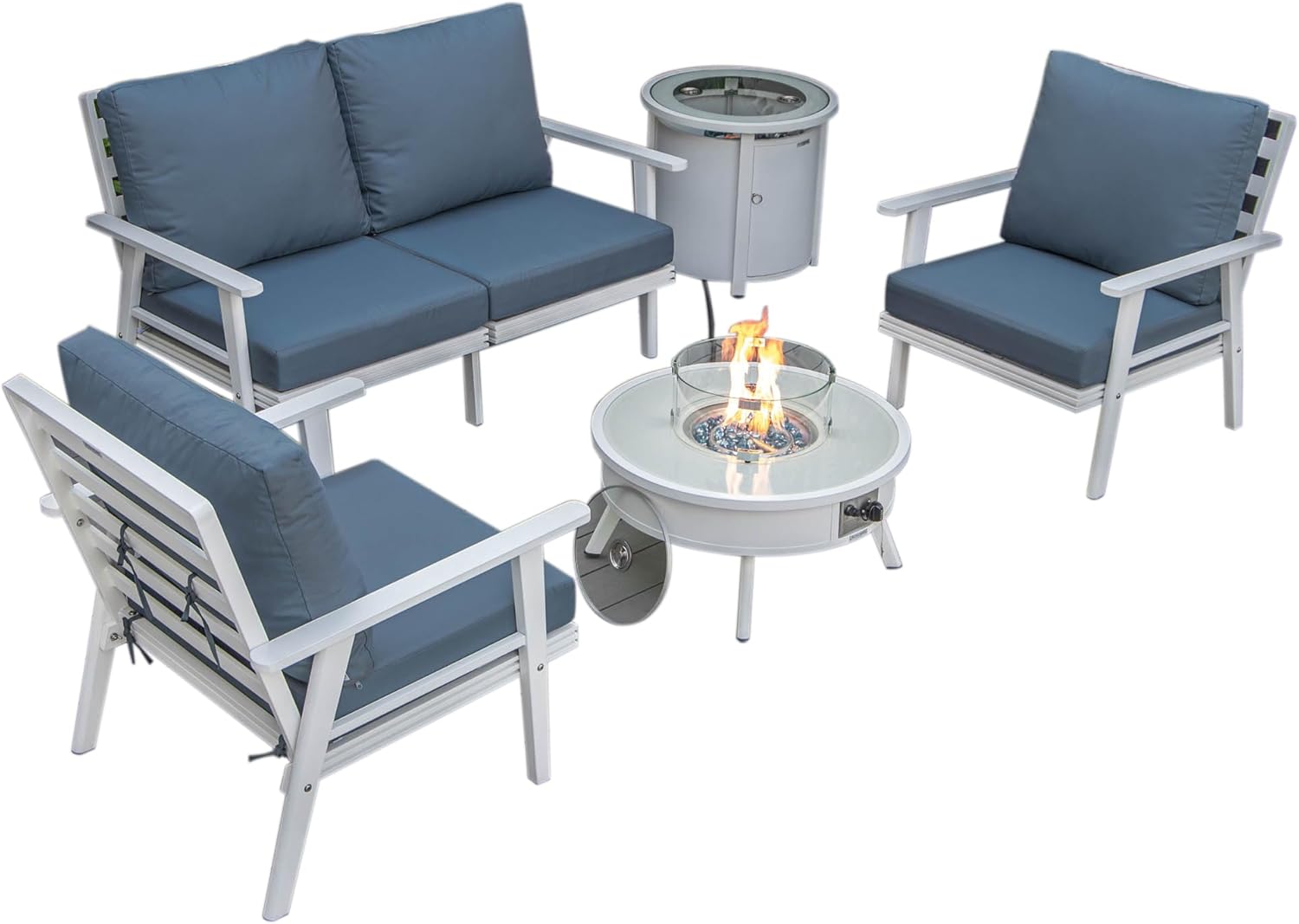 LeisureMod Walbrooke Modern Aluminum 5-Piece Patio Conversation Set with Outdoor Round Firepit Side Table Tank Holder, Navy Blue