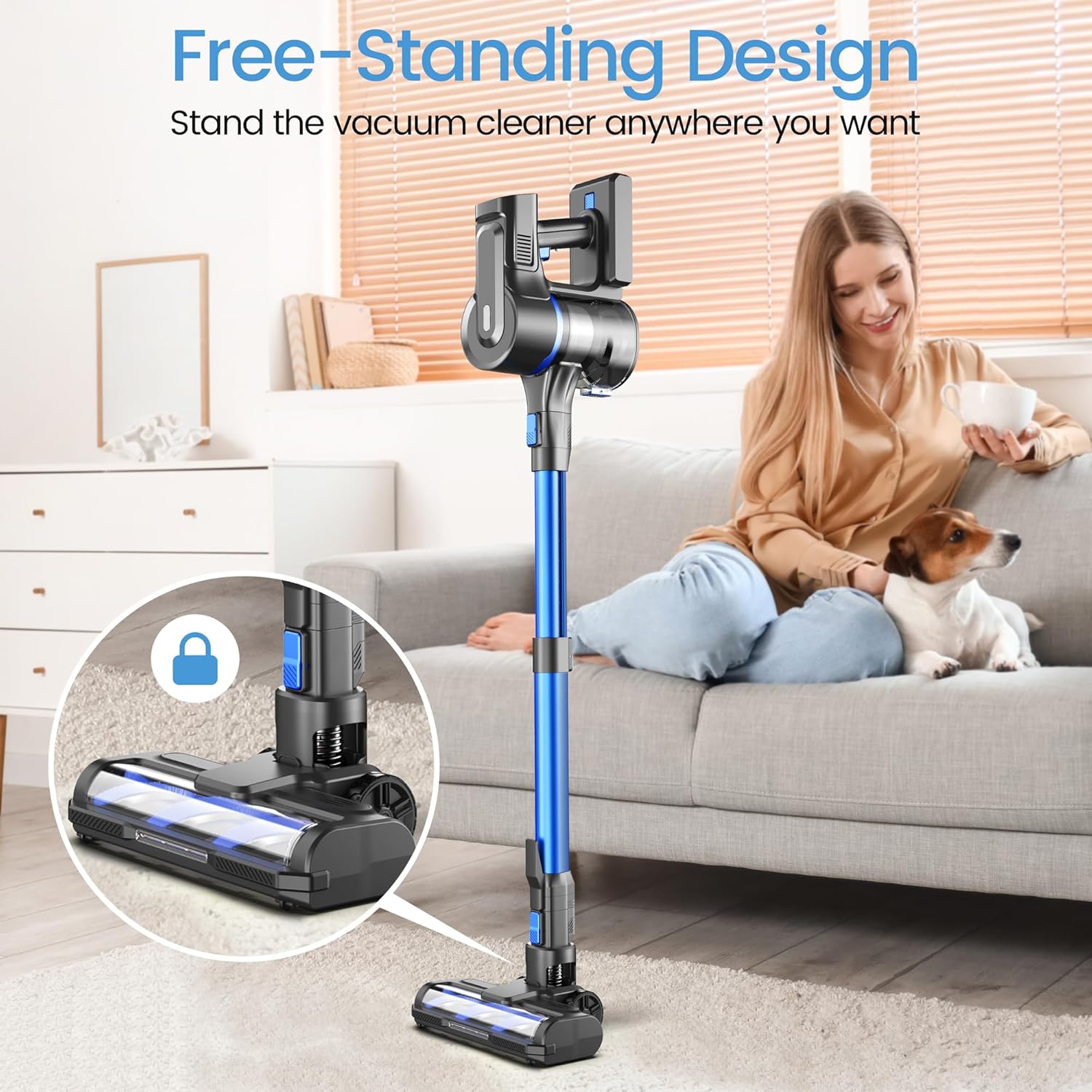 Cordless Vacuum Cleaner, Powerful Suction Vacuum with 40Kpa 500W Brushless Motor, Lightweight Stick Vacuum Cleaner Max 60 Min Runtime for Carpet and Hard Floor Pet Hair (Blue)
