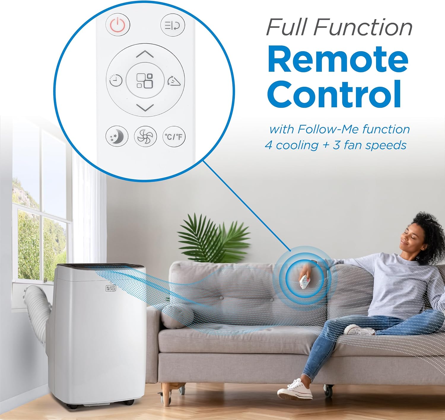 BLACK+DECKER Portable Air Conditioner, 10,000 BTU (6,300 BTU SACC) for Rooms up to 450 Sq. Ft., Portable AC with Follow Me Remote Control and Window Kit, BPACT10WT, White