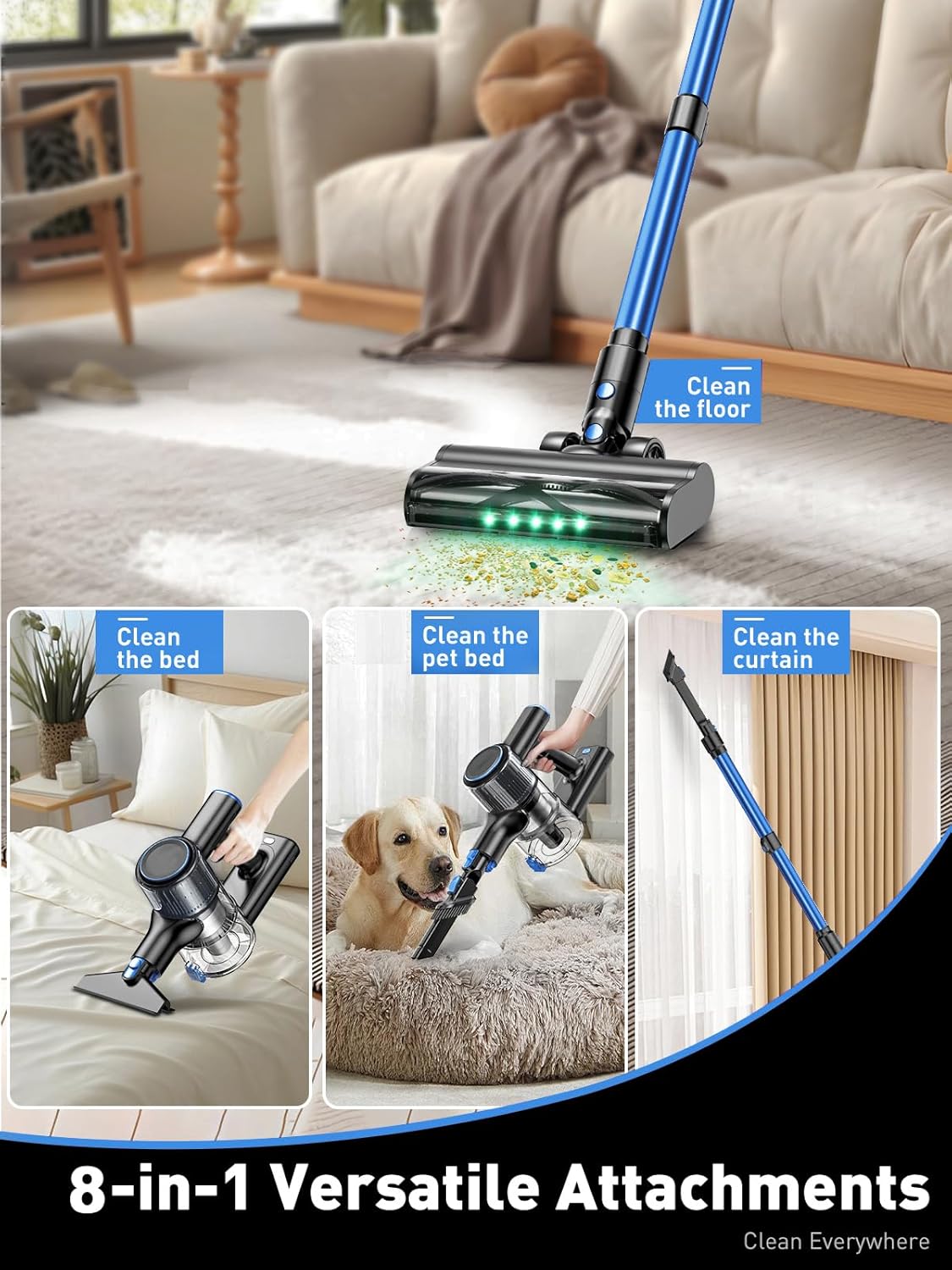 Cordless Vacuum Cleaner, 8-in-1 Vacuum Cleaners for Home, 45Mins Runtime, Anti-Tangle Stick Vacuum with LED Display, Rechargeable Lightweight Vacuum for Pet Hair/Carpet/Floor (Blue)