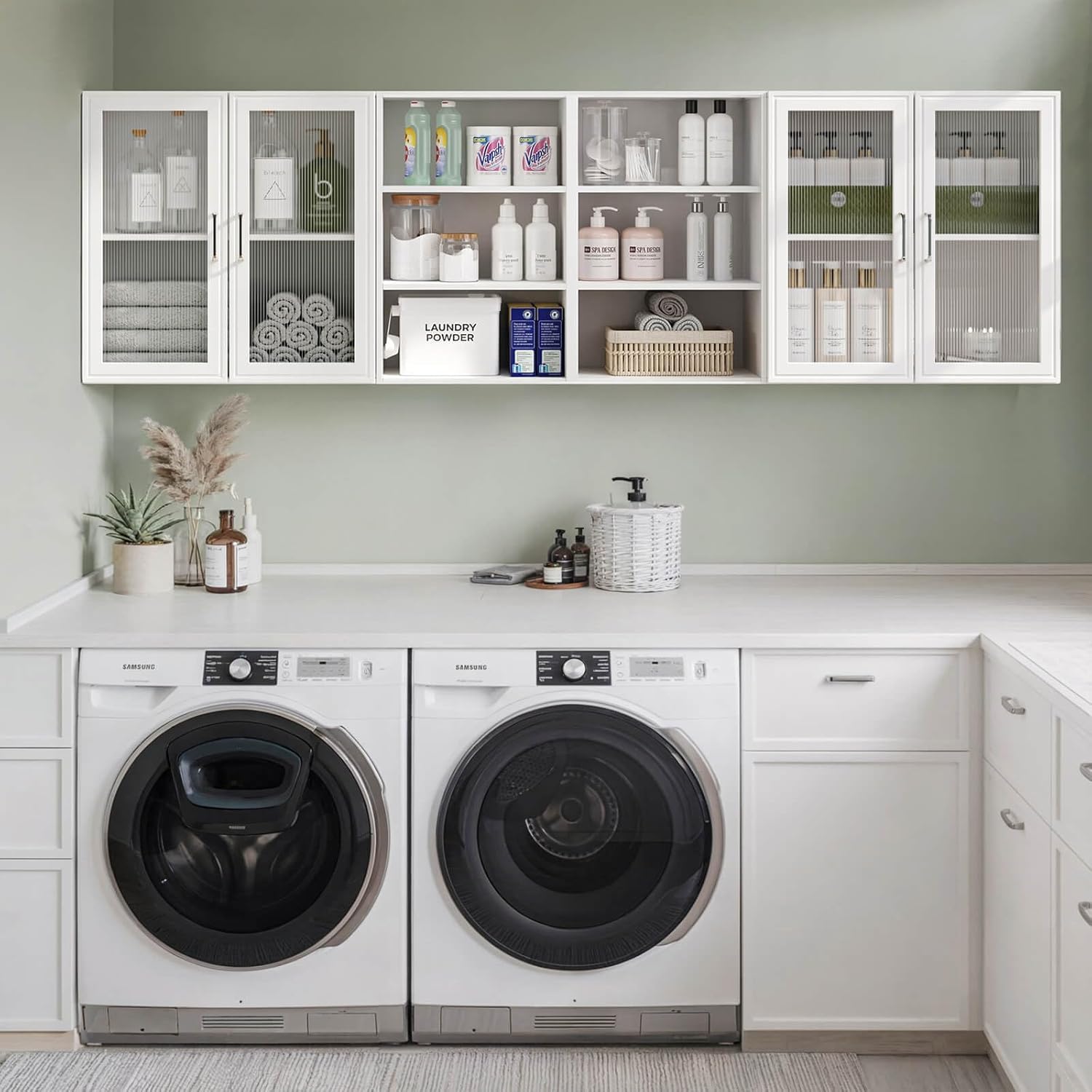 FIMELLO 78.6''W X 11''D X 23.6''H Laundry Room Cabinets Shelves Set, Acrylic Door, Adjustable Shelf, Kitchen Floating Wall Cabinets, Hanging Wall Cabinets for Laundry Room, White