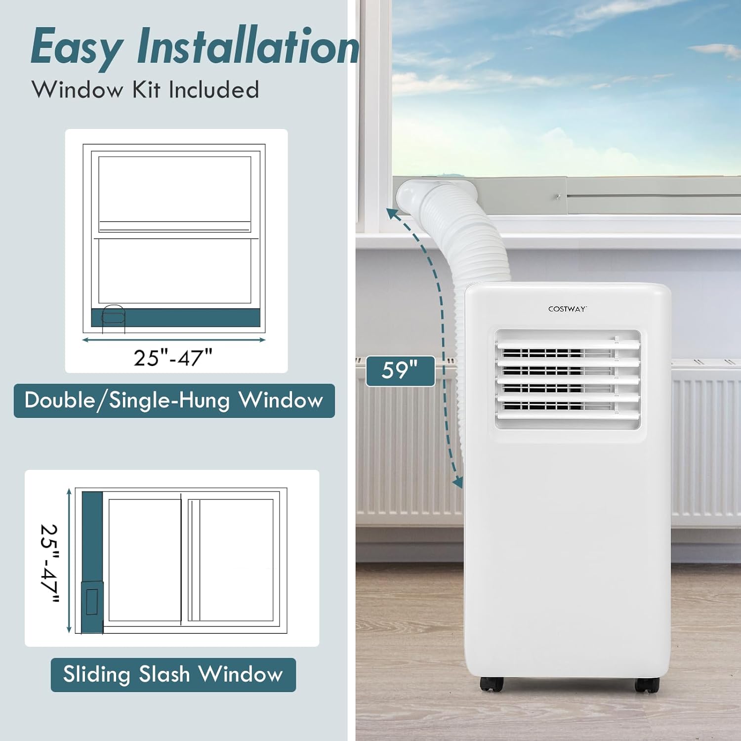 COSTWAY Portable Air Conditioner, 8000 BTU Portable AC Unit with Fan & Dehumidifier, Smart Sleep Mode, 24H Timer, Auto Swing & Window Installation Kit, Cools up to 250 Sq.Ft (8000 BTU)
