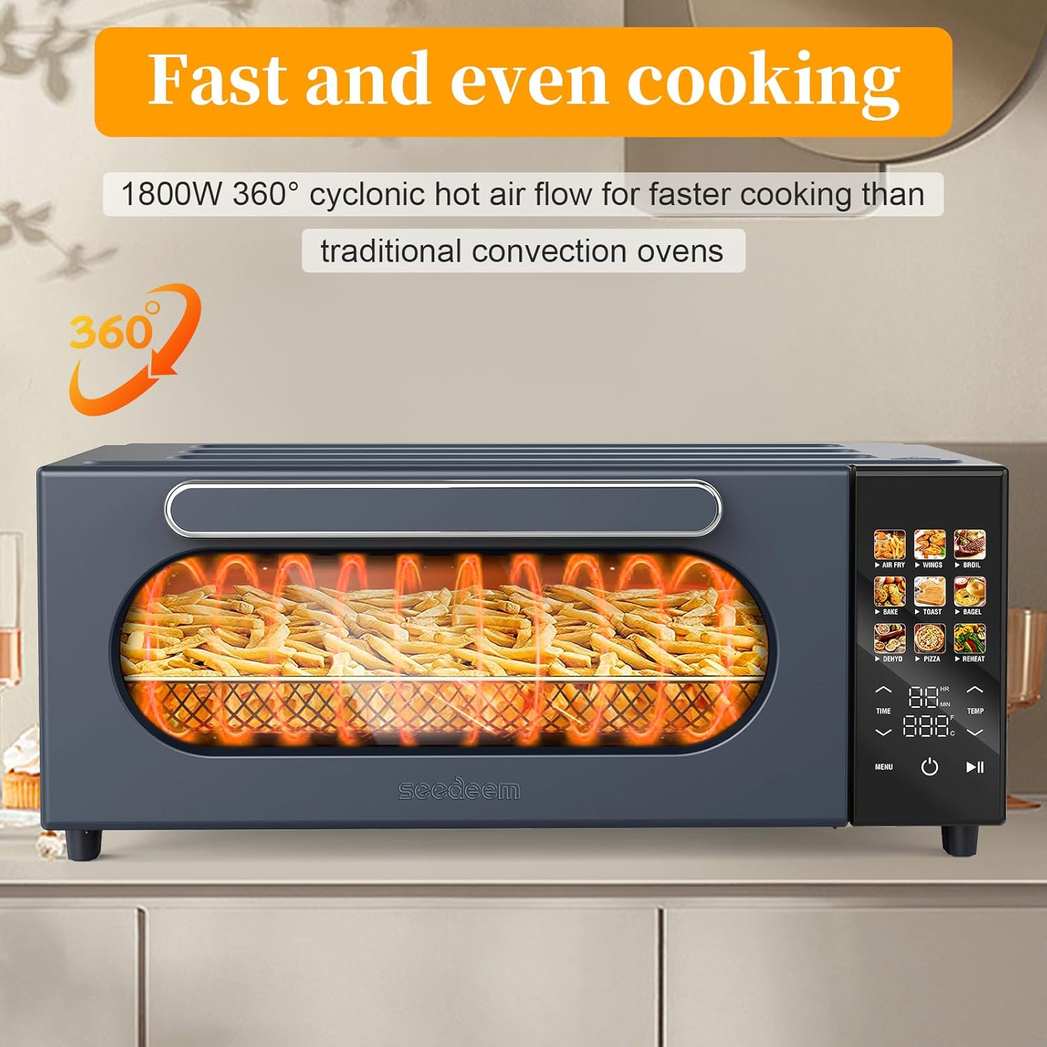 SEEDEEM 10-in-1 Air Convection Toaster Oven, 15L Convection Toaster Oven Cooker with Color LCD Display and Touch Screen, Toaster, Air Fryer, Dehydrate, 4 Accessories Included, 1800W, Ash Gray