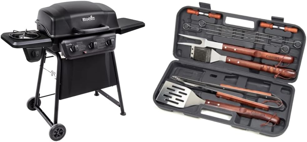 Char-Broil Classic 360 3-Burner Liquid Propane Gas Grill with Side Burner & Cuisinart CGS-W13 Wooden Handle Tool Set (13-Piece), Black