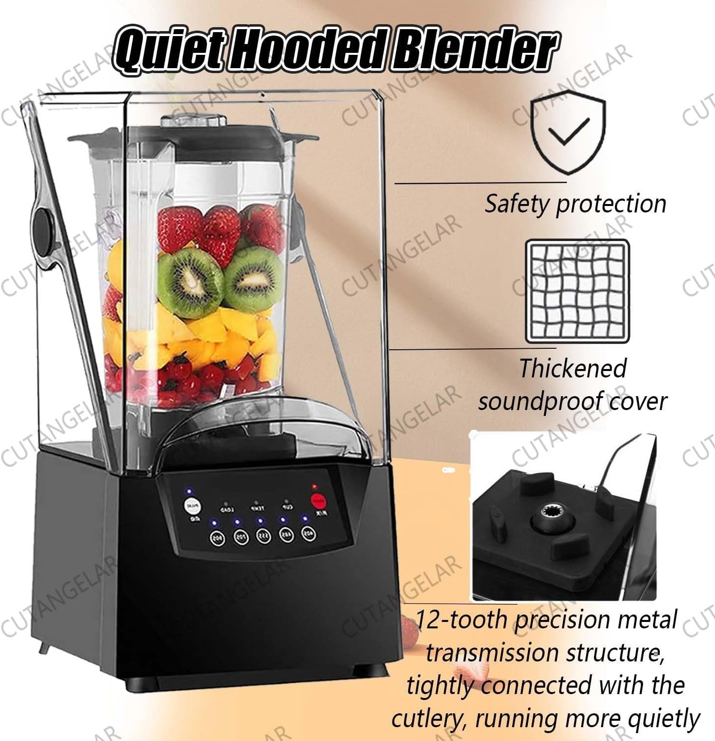 Commercial Blender 2200W with Soundproof Cover - 2L Large Capacity Quiet Professional Blender, 5 Preset Speeds, 17000 RPM Ice Crushing, for Crushing Smoothies and Milkshakes