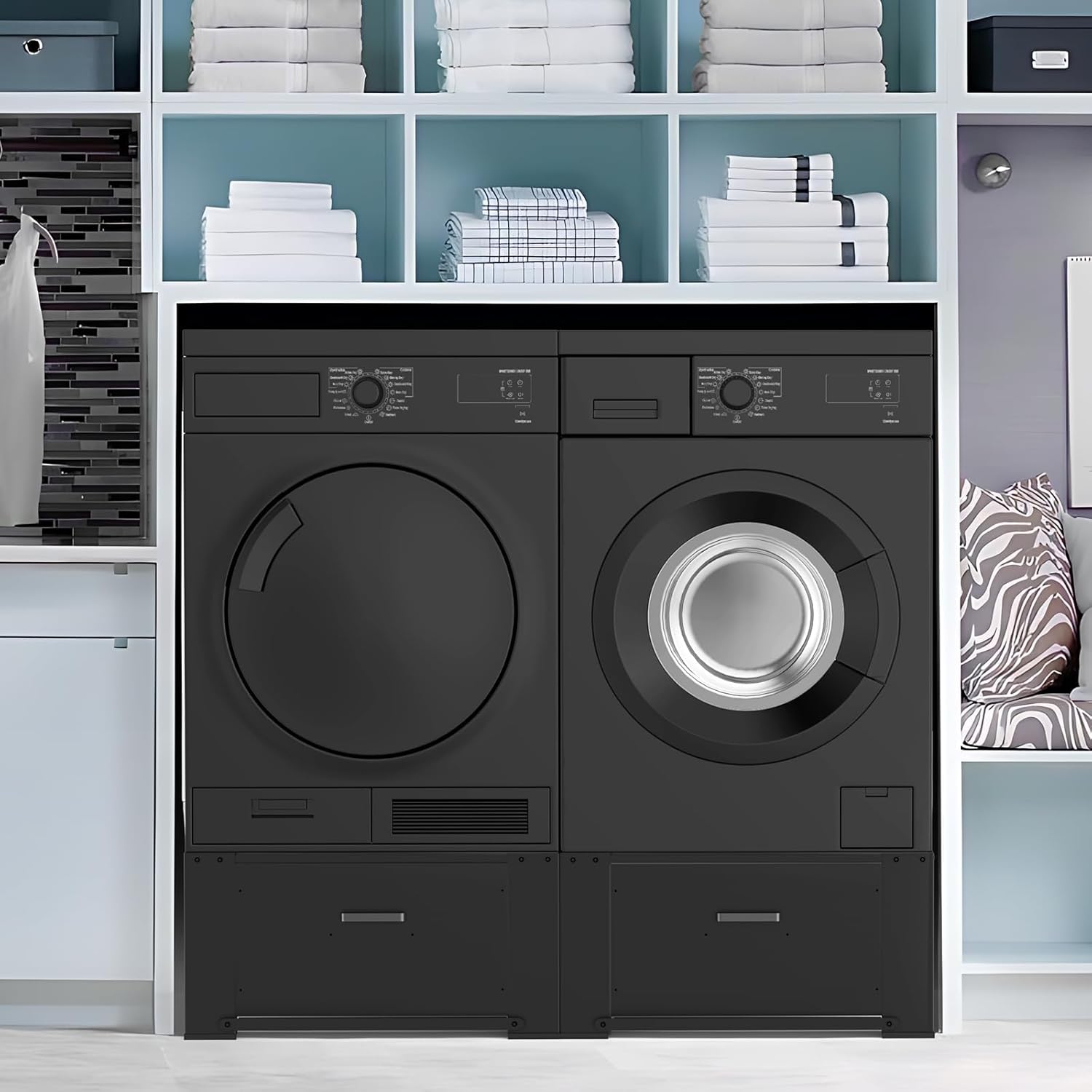 2 Pack Laundry Pedestals with Drawer, 29'' x 29'' x14.3'', Heavy-Duty Steel, Washing Machine Base Stand, Dryer Base Platform, Capable of Supporting 700 lbs, Black