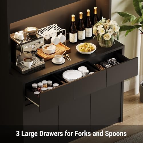 Contemporary Tall Pantry Cabinet with LED Lights & Charging Station - Adjustable Shelves, Drawers, Microwave Countertop - Multipurpose Storage Hutch for Entryway or Living Room, Black