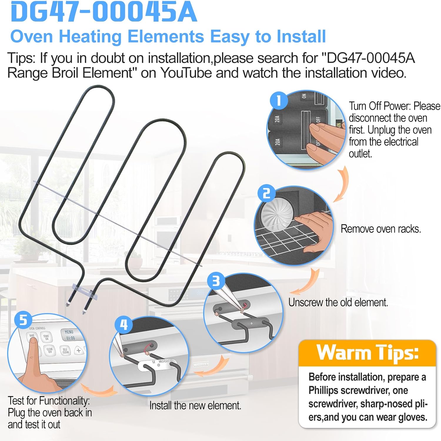 UPGRADED DG47-00045A Broil Element Heater Compatible with Samsung Electric Freestanding Range,DG47-00045A Oven Heating Element Samsung Oven Baking Element Convection Heater Stove Replacement Parts
