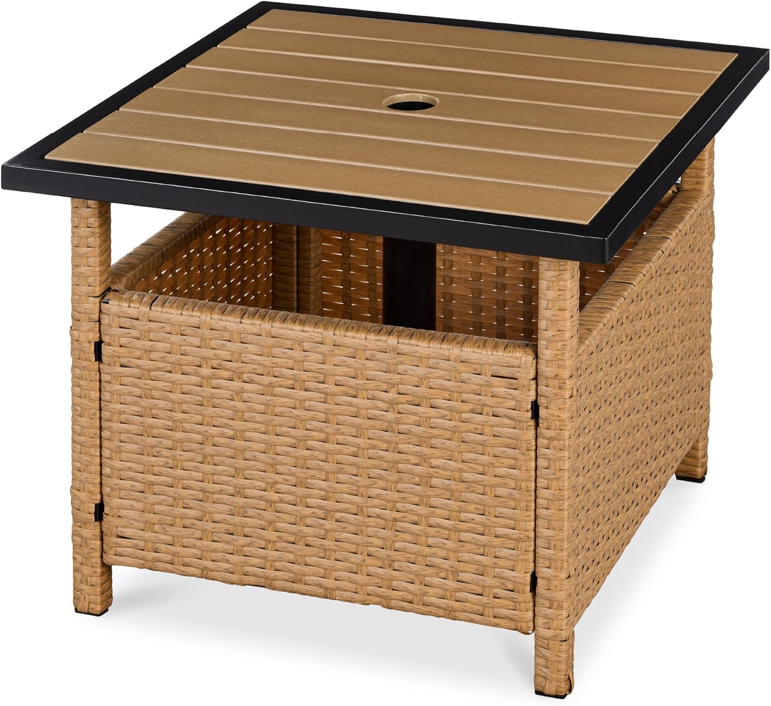 Best Choice Products Wicker Side Table with Umbrella Hole, Square PE Rattan Outdoor End Table for Patio, Garden, Poolside, Deck w/UV-Resistant Frame, Storage Space - Natural