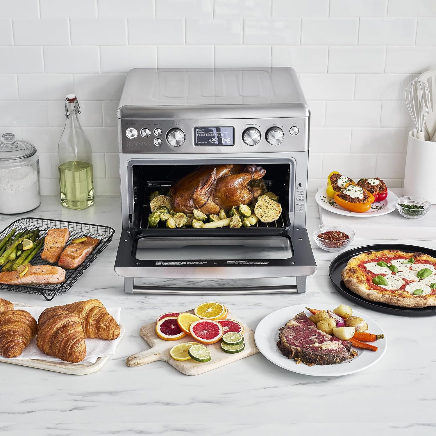 GreenPan 13-in-1 Elite Countertop Convection Oven and Air Fryer, PFOA and PFAS-Free Ceramic Tray and Pizza Pan, Adjustable Racks, Multifunction Presets, Toaster, Bake Broil Roast, Stainless Steel