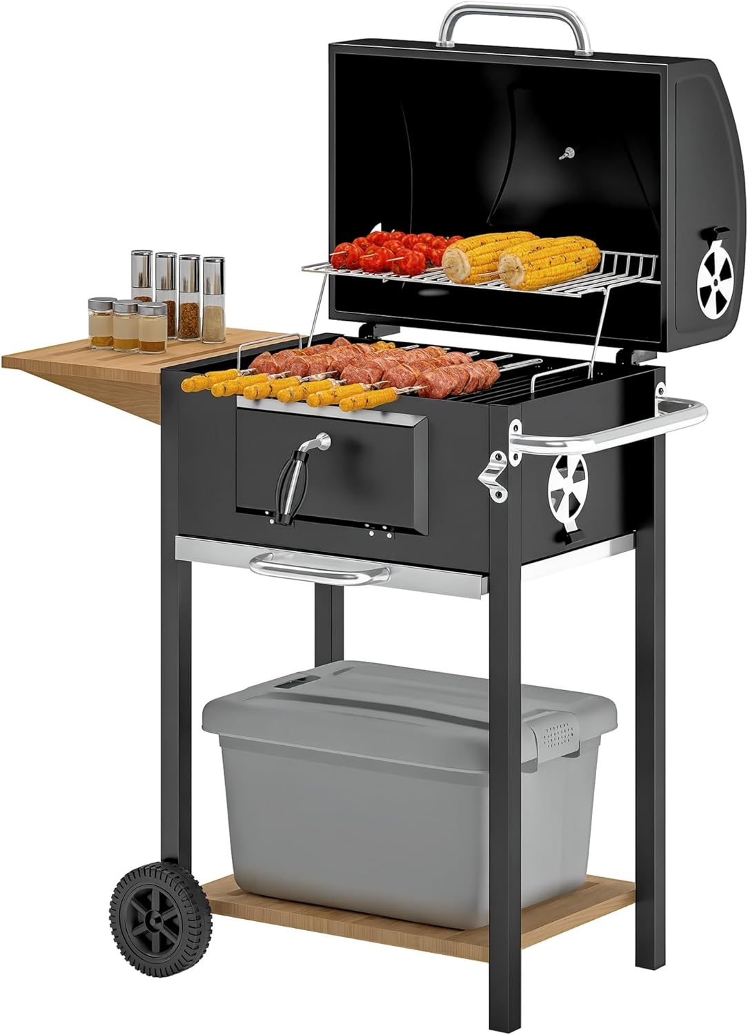 Outsunny Charcoal BBQ Grill, Outdoor Portable Cooker for Camping or Backyard Picnic, Barbecue Grill with Side Table, Bottom Storage Shelf, Wheels and Handle, Black