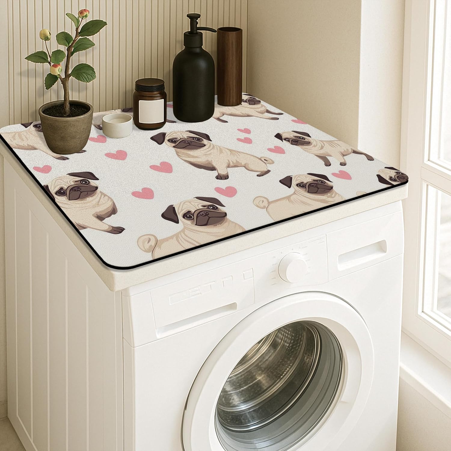 Pug Washer Dryer Top Protector Mat, Cute Pug Patterned Washing Machine Dust Cover, Adorable Dog Print Rubber Anti-slip Waterproof Washer And Dryer Mats for Laundry Room 24x24 Inch