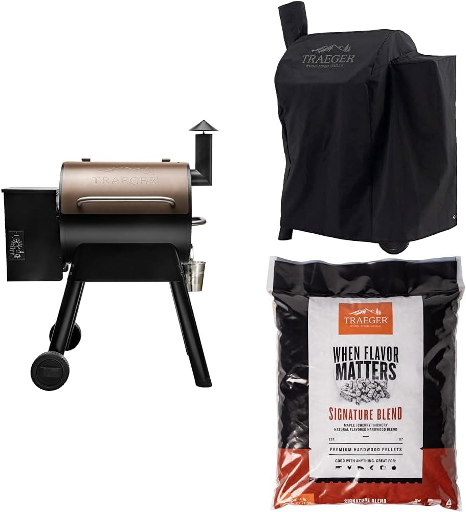 Pro 22 Wood Pellet Grill and Smoker, Bronze with Full-Length Cover and Signature Blend Pellets 18 lb Bag