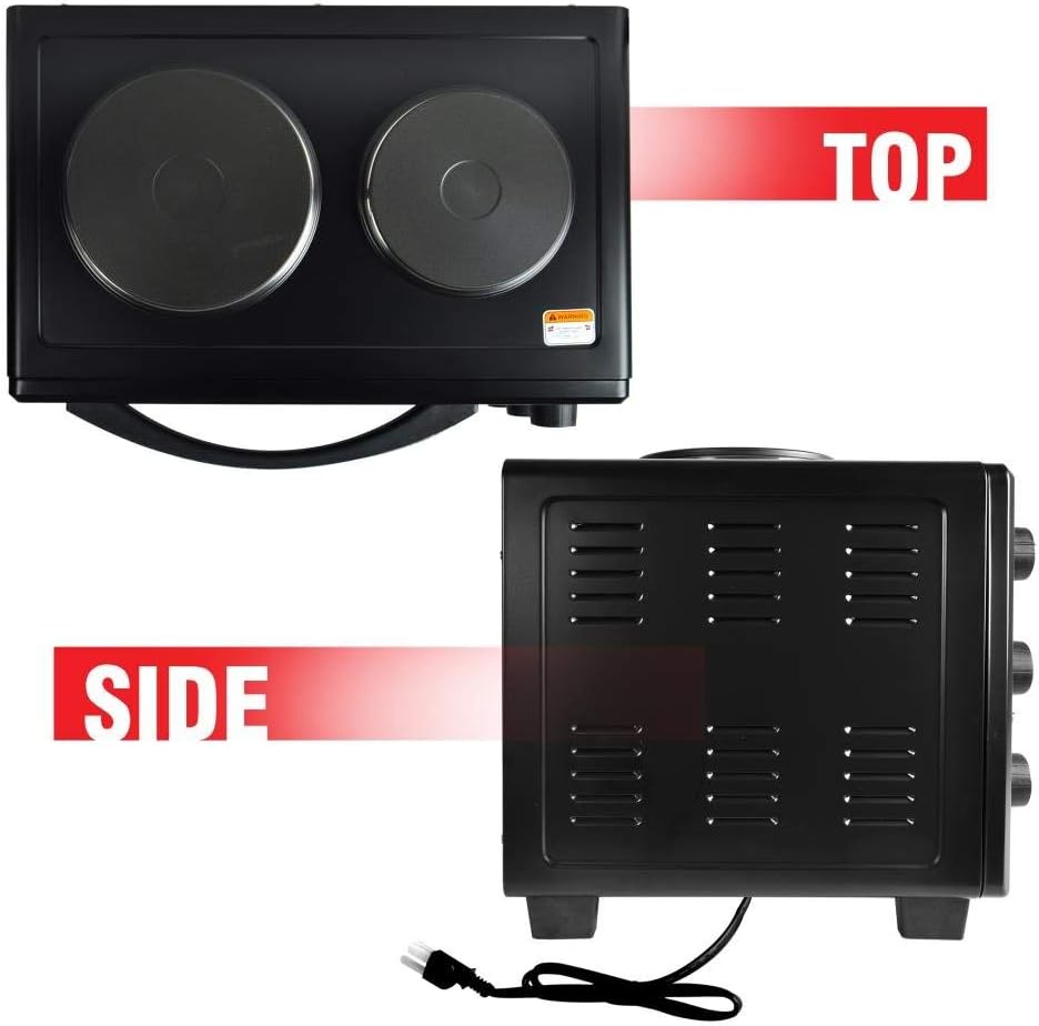 Updated Premium Version Multifunction Grill Oven, Dual Hot Plate, Toaster Oven w/Rotisserie, Grill/Griddle Top, Countertop Convection Oven, w/Wire Grill Rack, Baking Tray, Skewers, Tray Handles