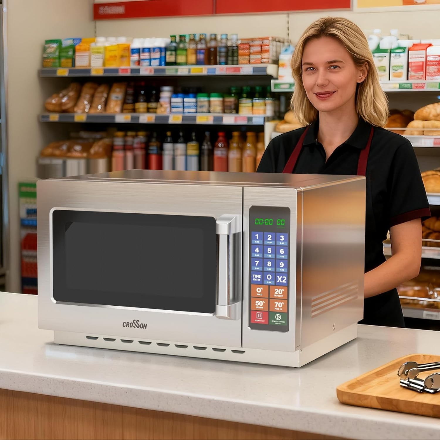 CROSSON Commercial Countertop 34L Microwave Oven W/ 10 Programmable Memory Menu,5 Power Level,3 Stage Cooking and Touch Screen Control-1000W,1.2 Cu.Ft
