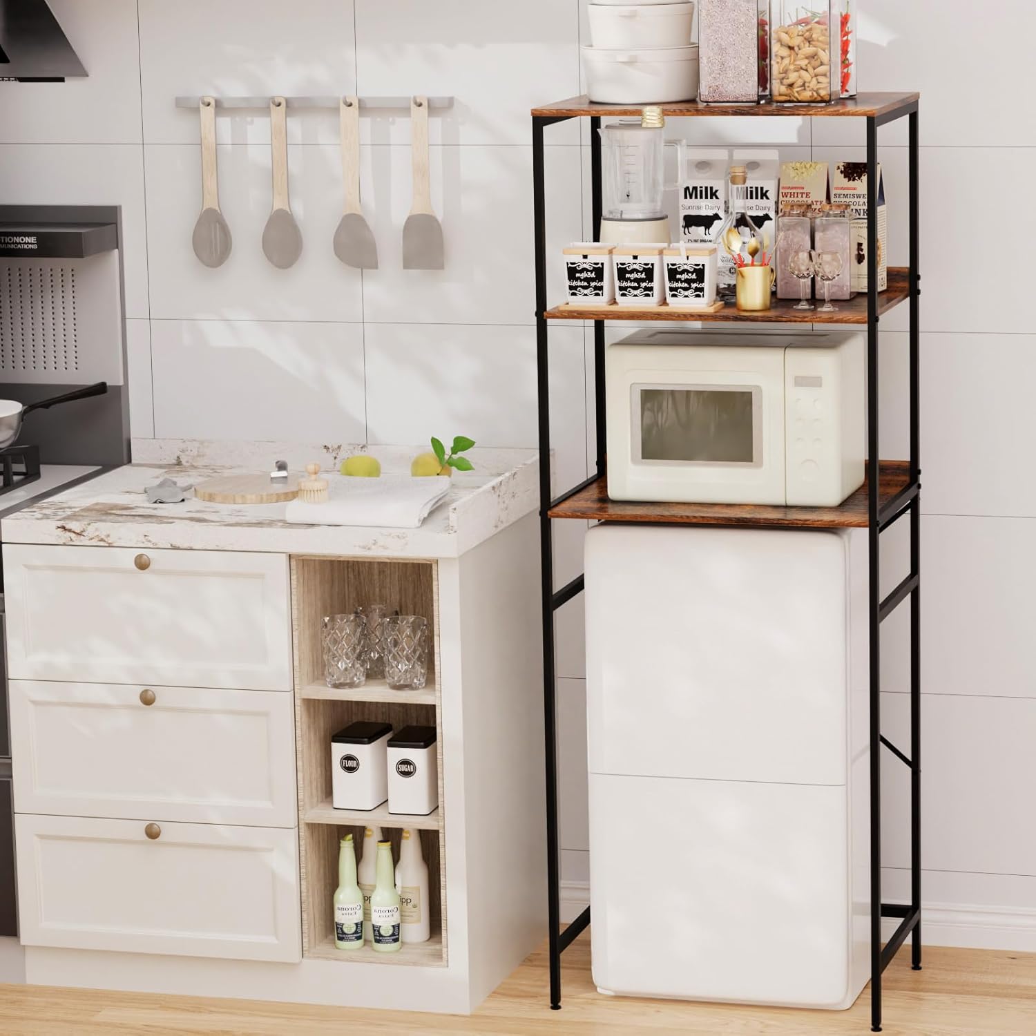 Mini Fridge Shelf Mini Fridge and Microwave Stand Over Mini Fridge Storage Rack 3 Tier Microwave and Fridge Stand Suitable for Dorm, Kitchens, Offices, Brown