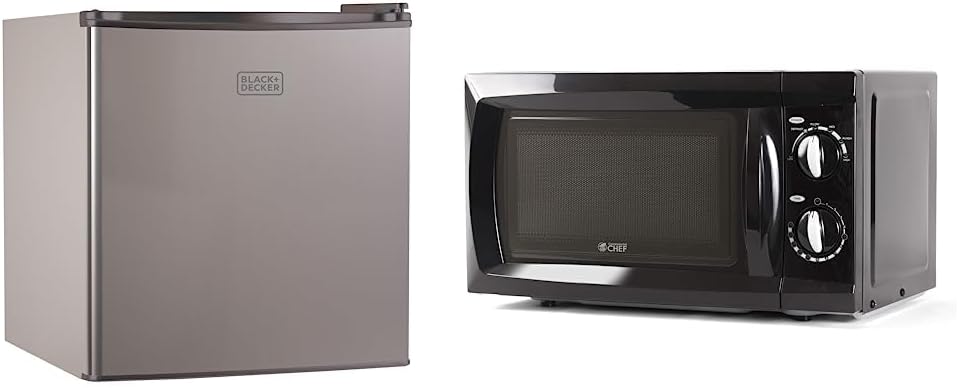 BLACK+DECKER BCRK17V Compact Refrigerator Energy Star Single Door Mini Fridge with Freezer, 1.7 Cubic Ft., VCM, Silver & Commercial Chef Countertop Microwave Oven, 0.6 Cu. Ft, Black