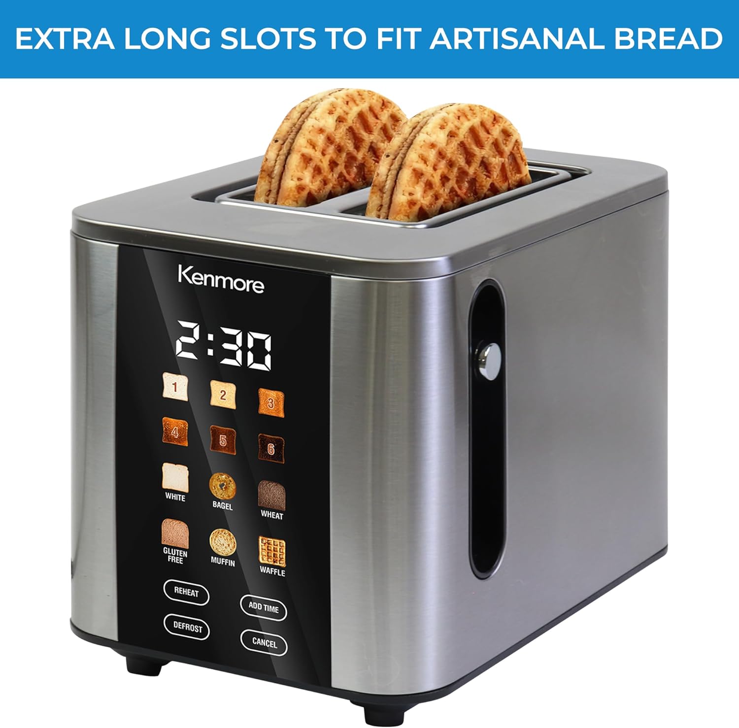 Kenmore 2-Slice Toaster | Color Touch Screen & 6 Shade Settings | Extra Wide Slots | Digital Countdown Timer | Customizable Smart Presets | Reheat, Defrost, Add Time Functions | Stainless Steel