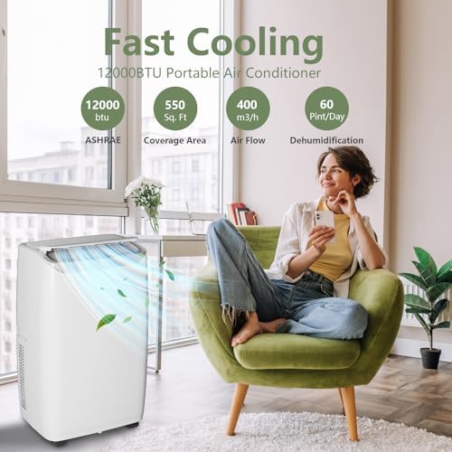 Jojoka Portable Air Conditioners, 12000Btus Air Cooler with Drying, Fan, Sleep Mode, 3 Speeds, 24H Timer Function, Remote Control, Cools Room up to 750 Sq. ft, Air Cooling Fan for Home & Office Use