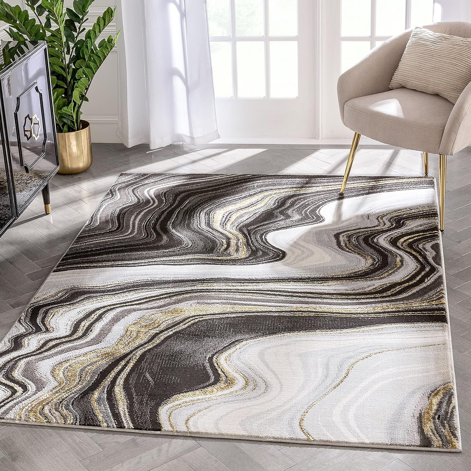 Well Woven Werrick Grey & Gold Striated Marble Pattern Area Rug 9'3
