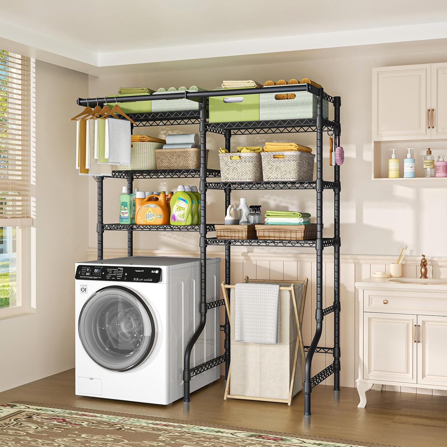 Ulif U13 Over Washer and Dryer Storage Shelves, 6 Tiers Laundry Room Standing Shelf with 2 Hanger Rods, Space Saver Clothes Drying Rack, 63.4