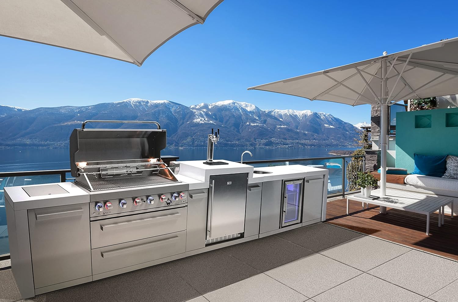 Mont Alpi MAi805-DKEGBEV 44-inch 6-Burner 115000 BTU Deluxe Stainless Steel Island Outdoor Kitchen Bar Gas Barbecue Island Grill with Wine Cooler Beverage Center Refrigerator + 3 Beer Tap Kegerator