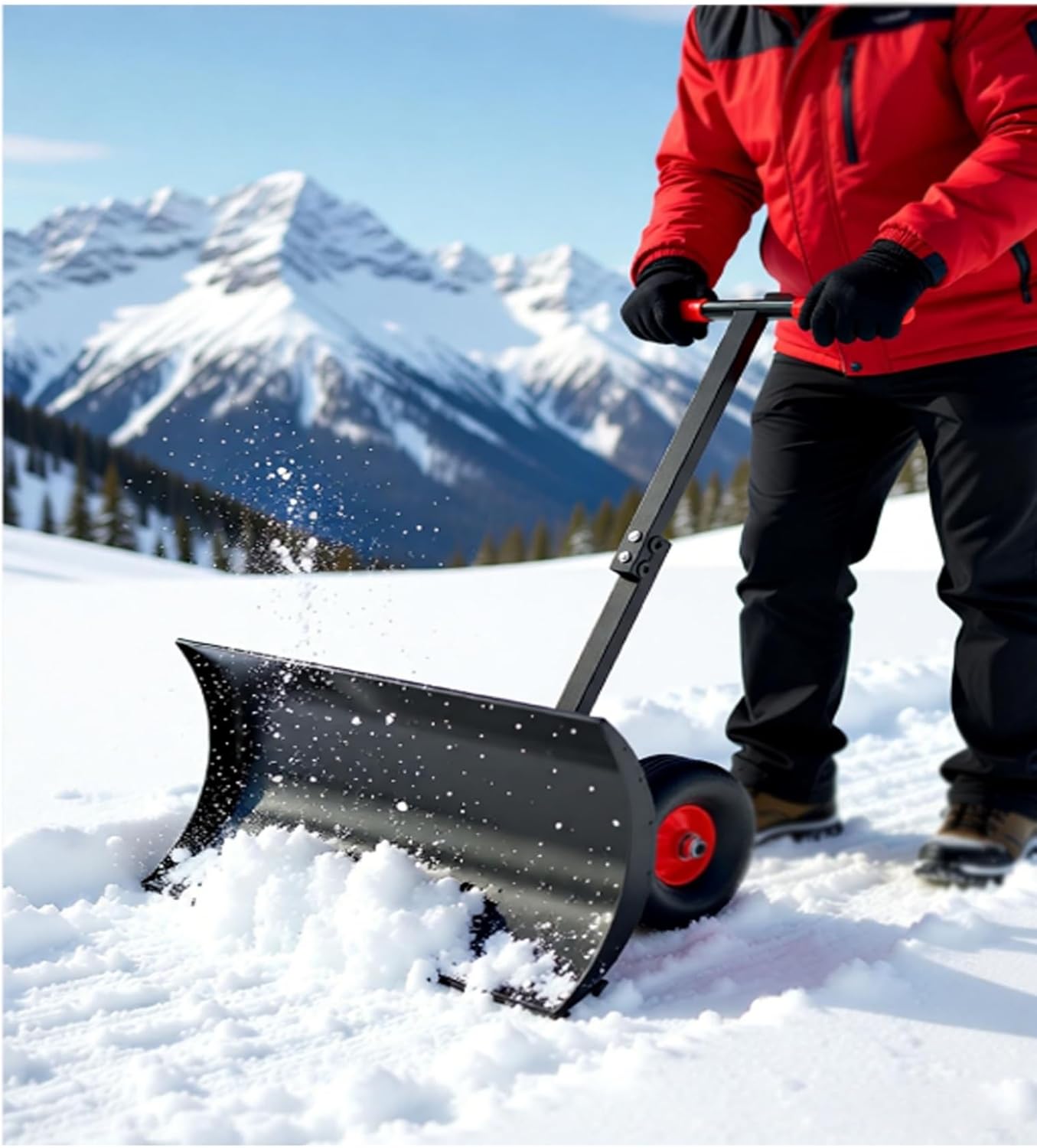 Wheeled Snow Pusher with 5-Level Adjustable Handle, Steel Blade Snow Shovel for Effortless Driveway & Patio Snow Removal(39.4x17in/100x43cm)