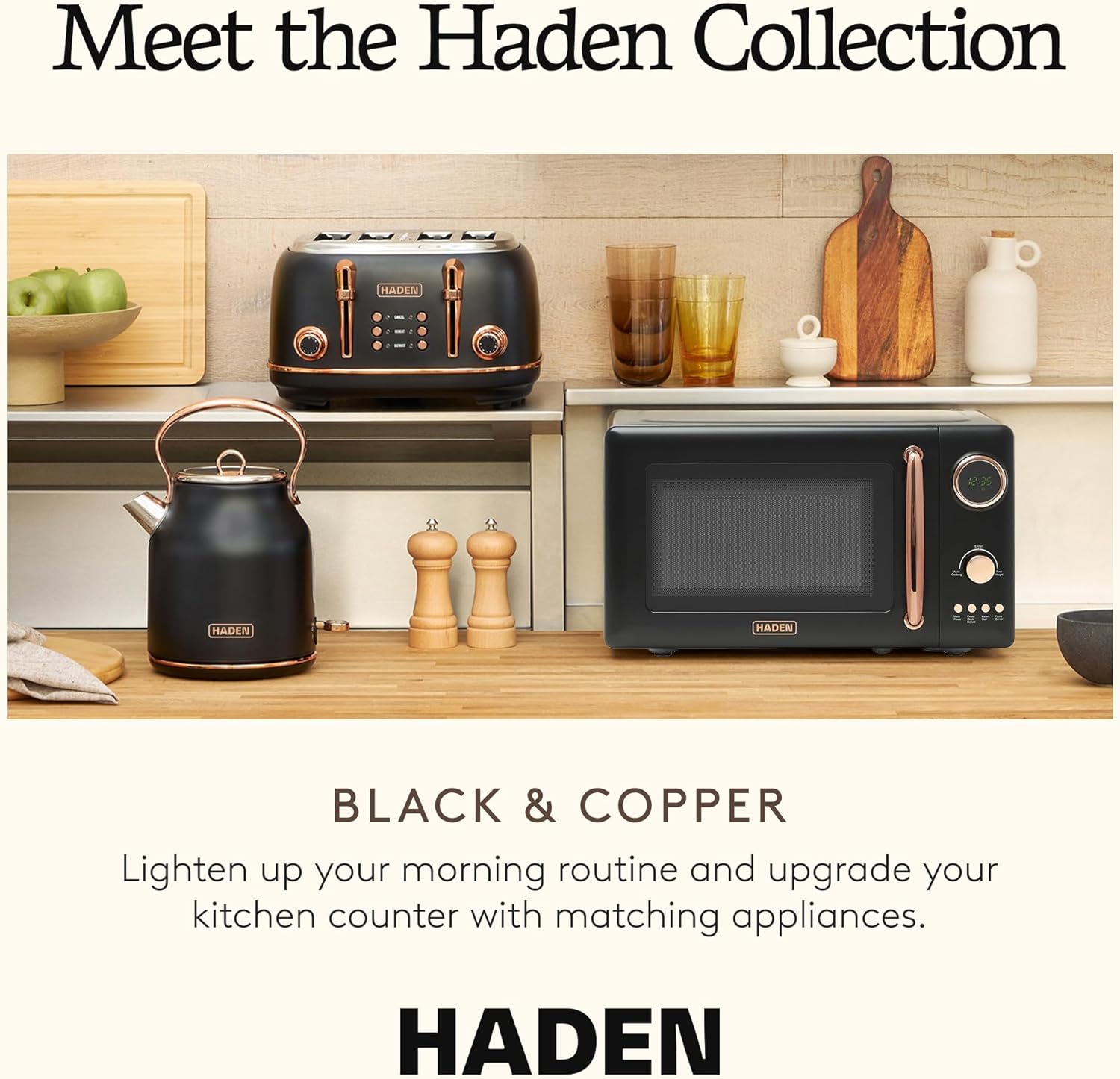 Haden 700 Watt 0.7 Cubic Foot Microwave Oven with Digital Controls, Defrost, and Instant Start Countertop Small Appliance, Black/Copper