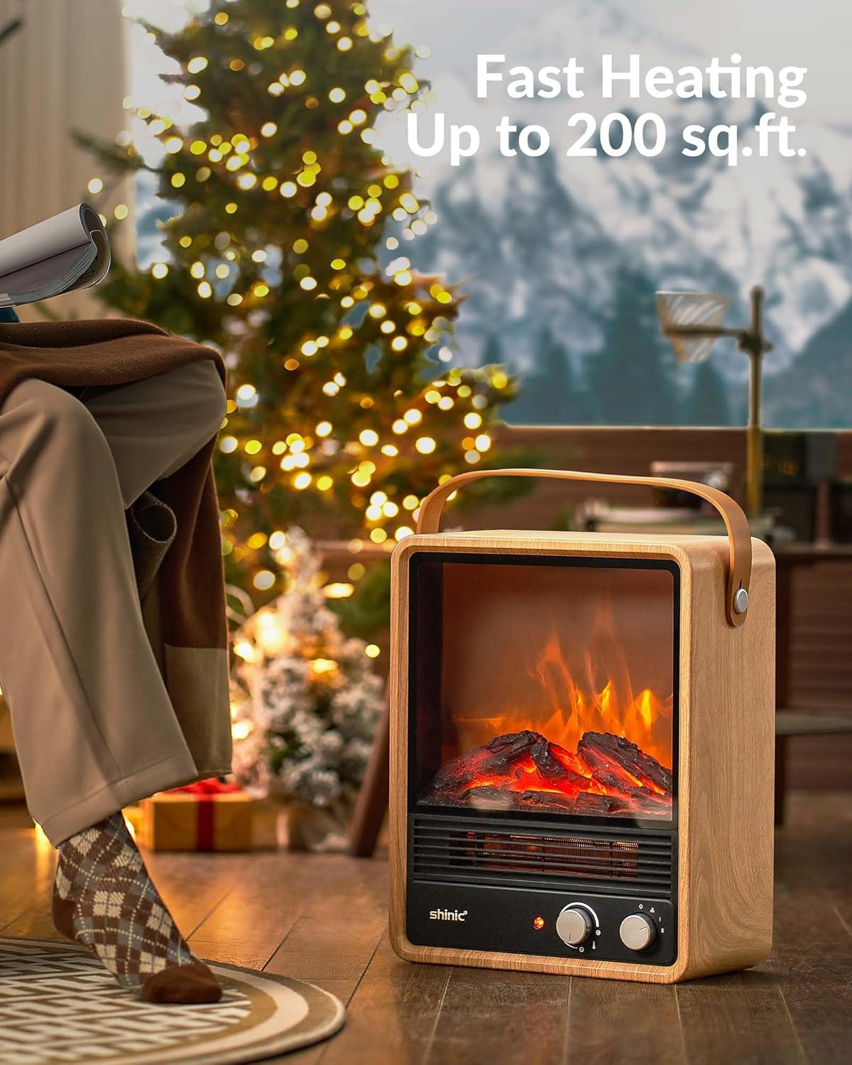 Shinic Electric Fireplace Heaters for Indoor Use,1500W Space Heater with Crackling Sound & 3D Realistic Flame, Safety Protection, Mini Portable Fireplace Heater for Home Christmas Decoration, Walnut
