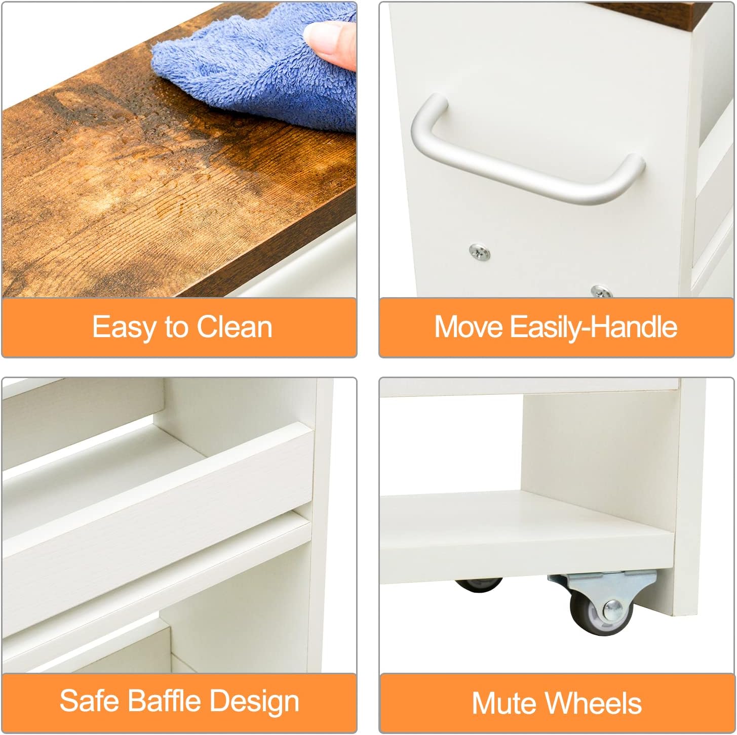 TEAMIX 4 Tier White Slim Storage Cart with Handle, Slide Out Storage Rolling Utility Cart Mobile Shelving Unit Organizer Trolley for Small Spaces Kitchen Laundry Narrow Places