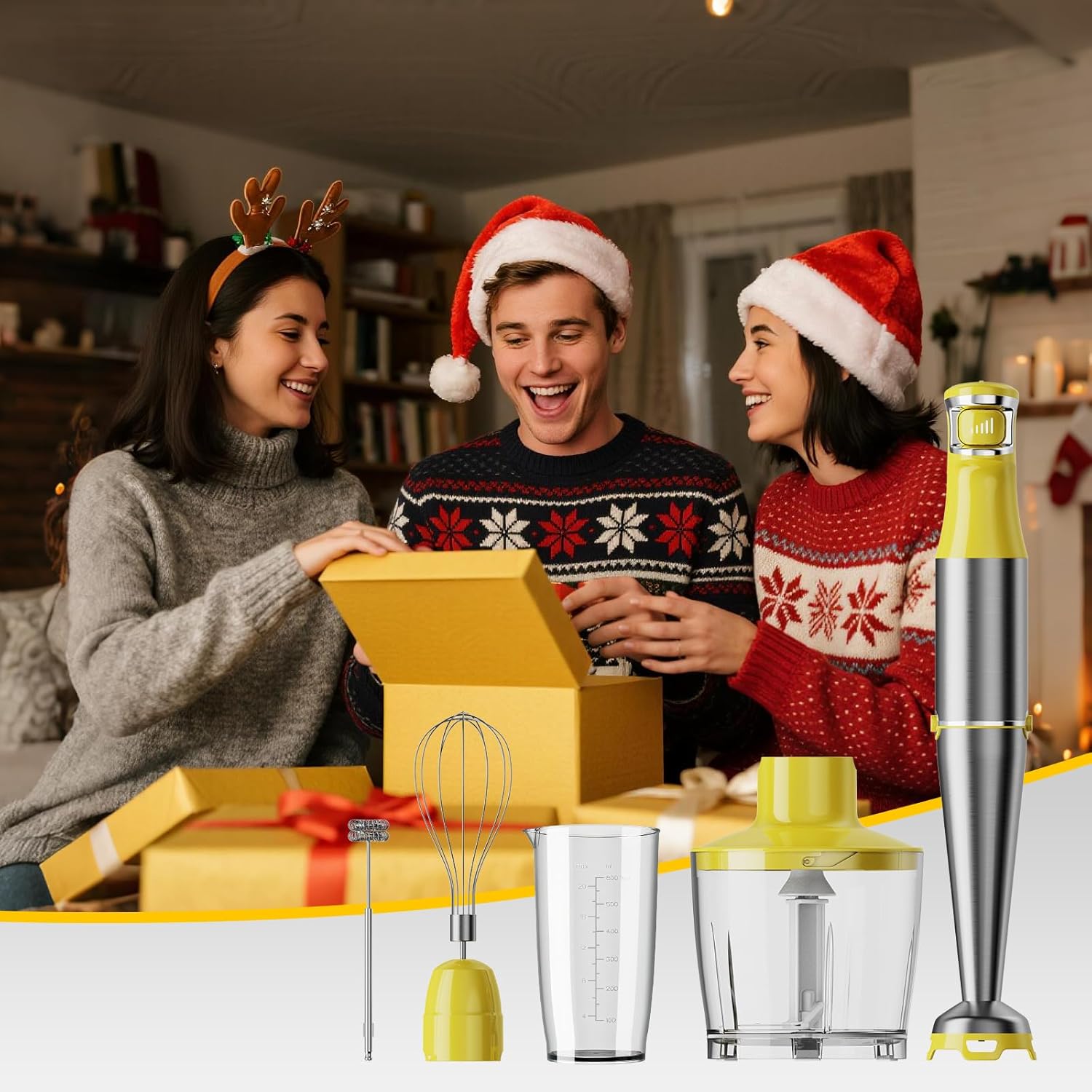 Immersion Blender Handheld Corded Hand Blenders Set 1100W, Trigger Variable Speed 5 in 1 Stick Emulsifier with Chopper, Whisk and Frother for Soup, Baby Food and Smoothies, Yellow