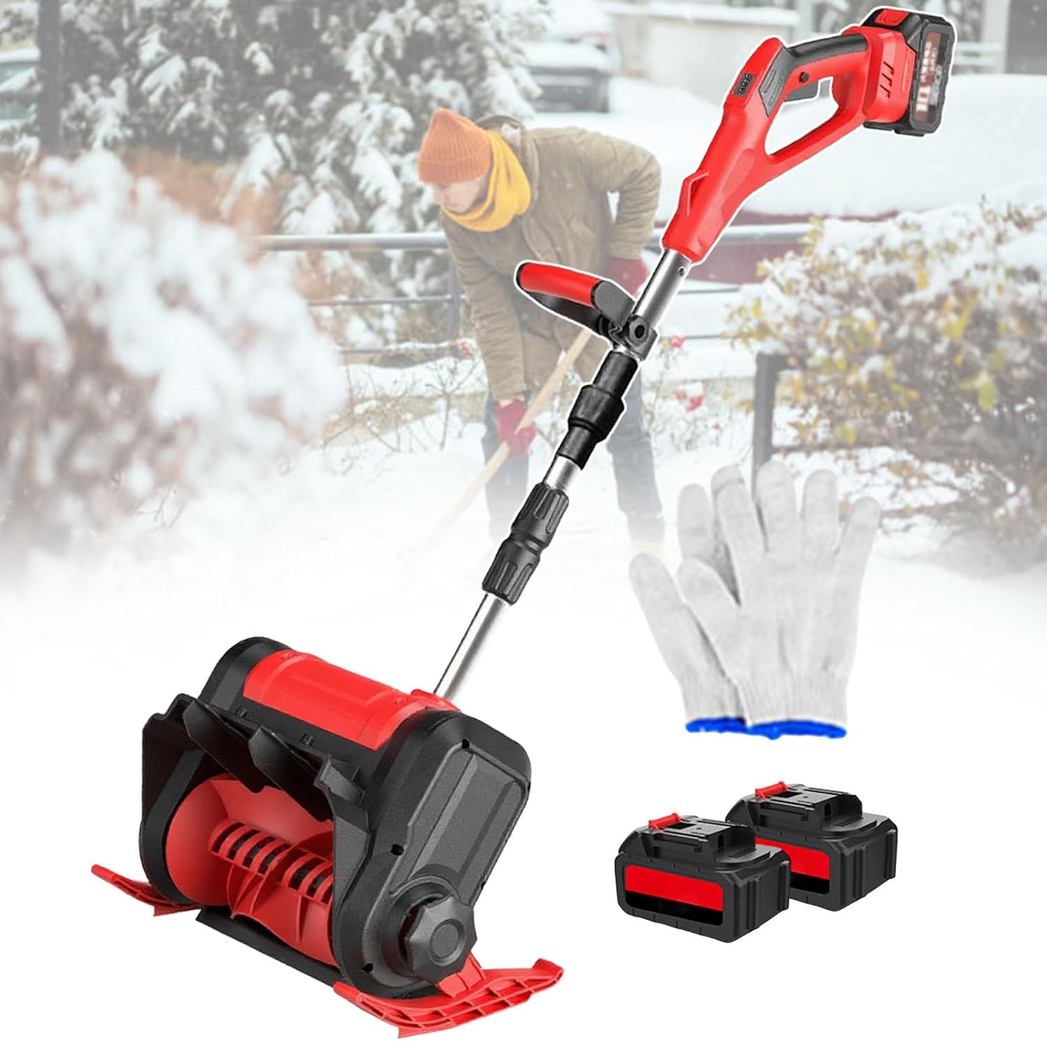Electric Snow Shovel.Cordless Snow Blower,3000 mAh Battery Snow Thrower w/Foldable Pole + Dual Switch,3000 RPM,Cleaning Width of Up to 30 cm,for Courtyard (Red 2batteries)