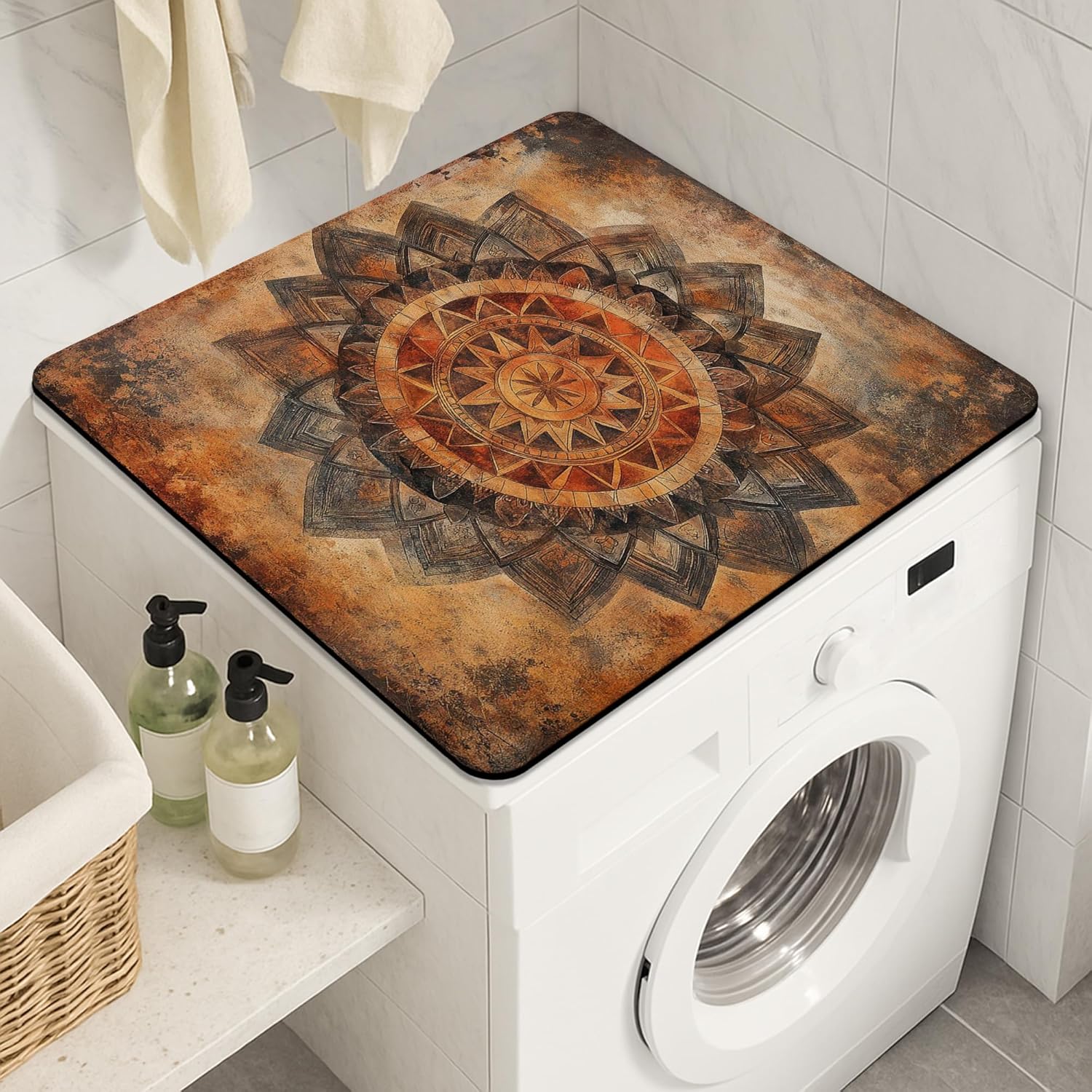 Rustic Mandala Washer Dryer Top Protector Mat, Vintage Artistic Laundry Machine Dust Covers, Rubber Anti-slip Waterproof Mats for Laundry Room 24x24 Inch