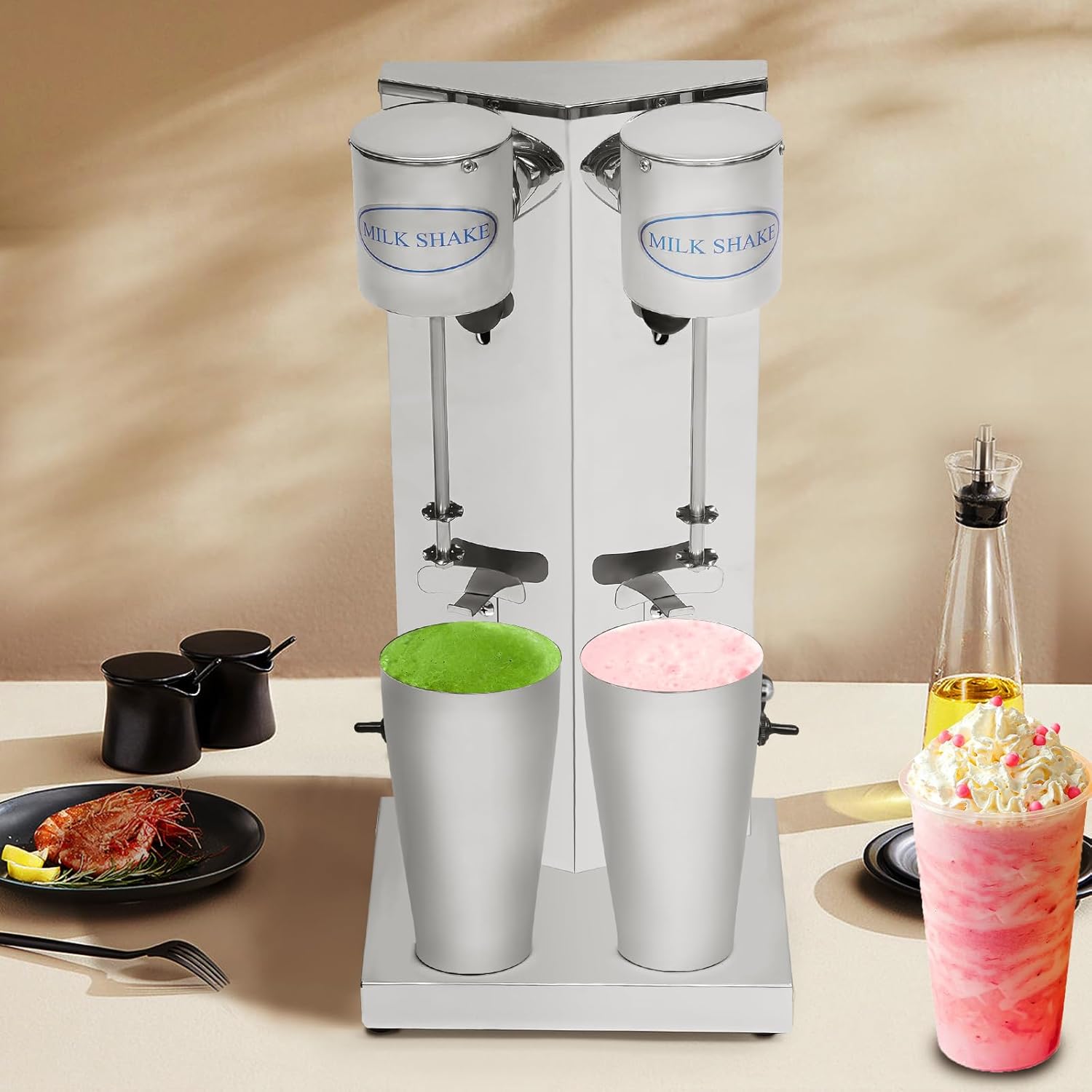 180W Electric Milkshake Maker - Commercial Double Head Stainless Steel Drink Mixer, 16,000 RPM High-Speed Blender for Shakes/Smoothies/Cocktails (110V, Includes 2 Cups)