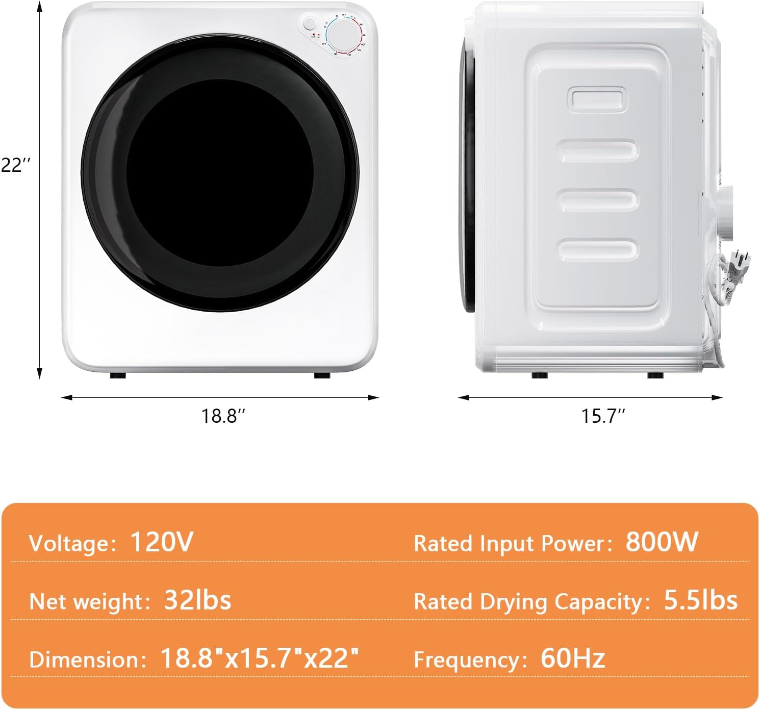 120V Portable Clothes Dryer, 800W Compact Laundry Dryer, Easy Control, 1.6 Cu.Ft Front Load Stainless Steel Electric Dryers Machine with Simple Control Knob for Apartment, RV, Dorm