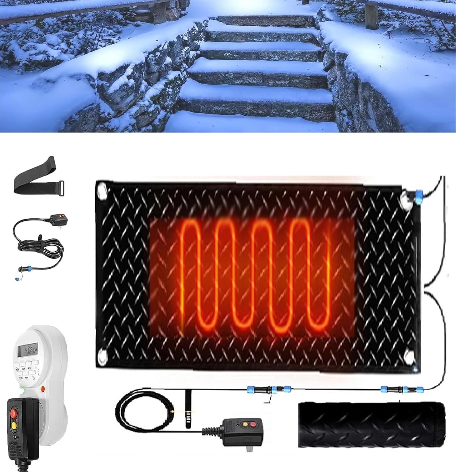 Heated Snow and Ice Melting Mats for Entrances, 1/2/3/4/5 Pcs Non Slip Rubber Heated Mat,with Timer Outdoor Stairs- Non-Slip Winter Removal and Ice Melt Products -Heating Entrance(1 Pcs,12x36i