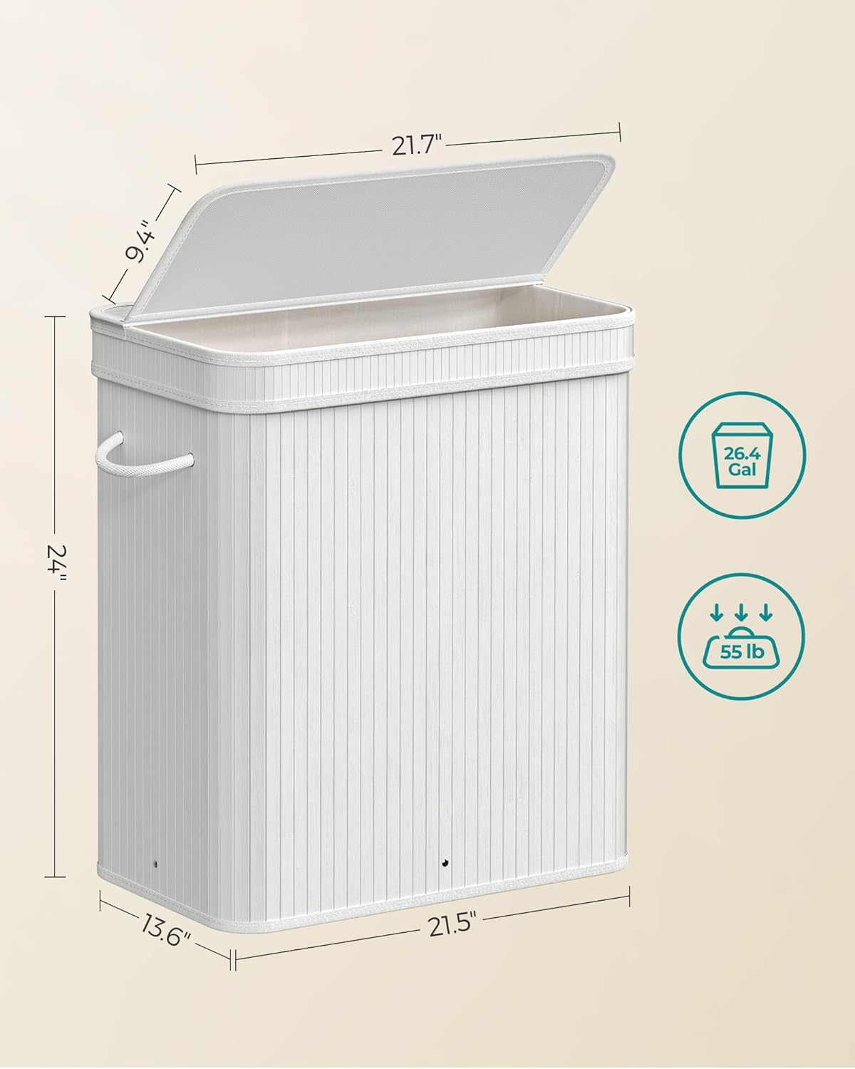 SONGMICS Laundry Hamper with Lid, Bamboo Laundry Basket, Removable Machine Washable Laundry Basket, with Handles, 26.4-Gallons, for Laundry Room, Bedroom, Bathroom, Cloud White ULCB063W01