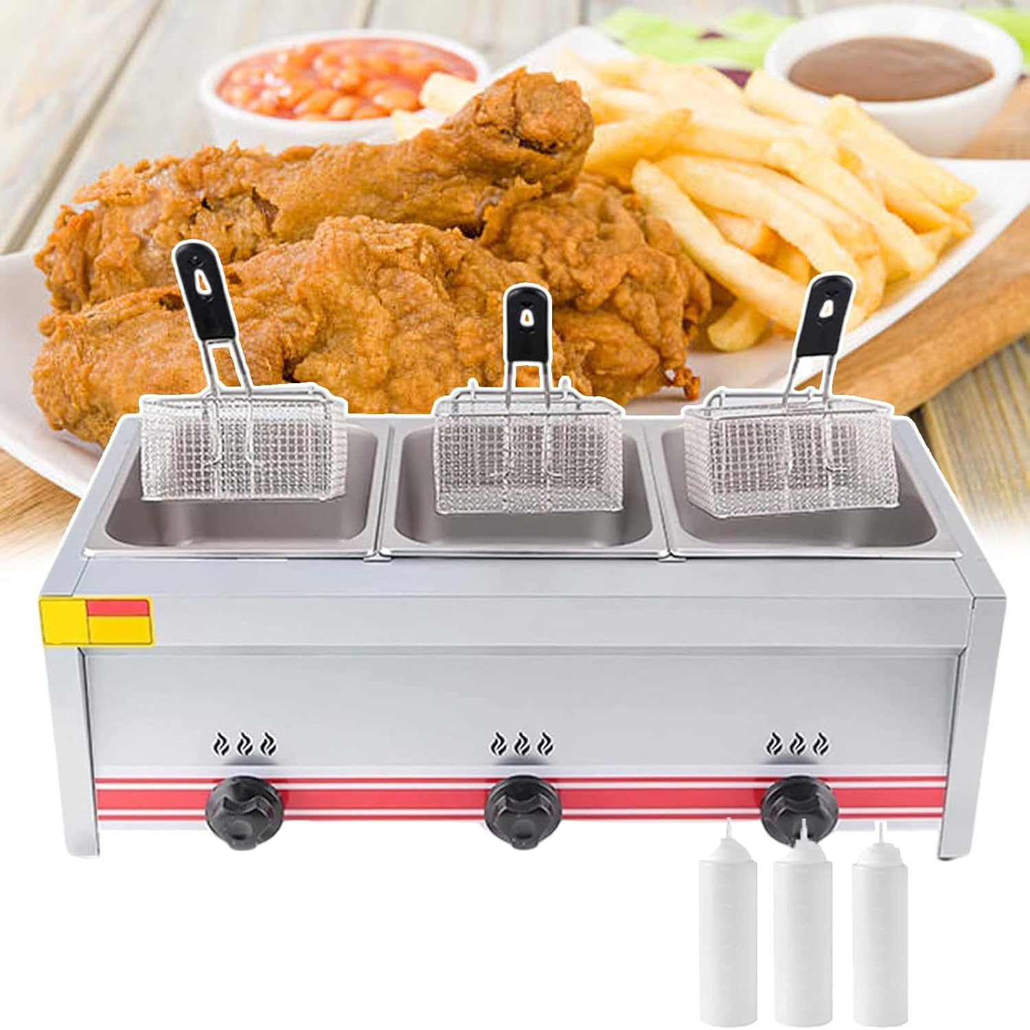 Commercial Gas Fryer Countertop Basket Stainless Steel Deep Fat Fryer for Restaurant Home Fries Chip with Adjustable Firepower (Three-Cylinder+Fried Baskets+Squeeze Condiment Bottles)