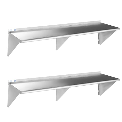 ROCKPOINT Stainless Steel Shelf 12 x 72 Inches 450lb, 2 Pack NSF Commercial Wall Mount Floating Shelving with Backsplash for Restaurant, Kitchen, Home and Hotel, Silver