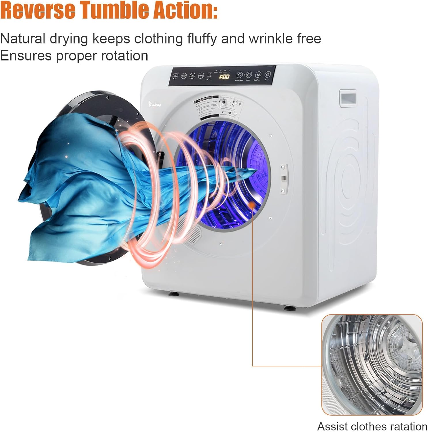 120V Portable Clothes Dryer, High End Laundry Front Load Tumble Dryer Machine with Stainless Steel Tub & Simple Control Knob for Apartment, Dorm-1300W, White